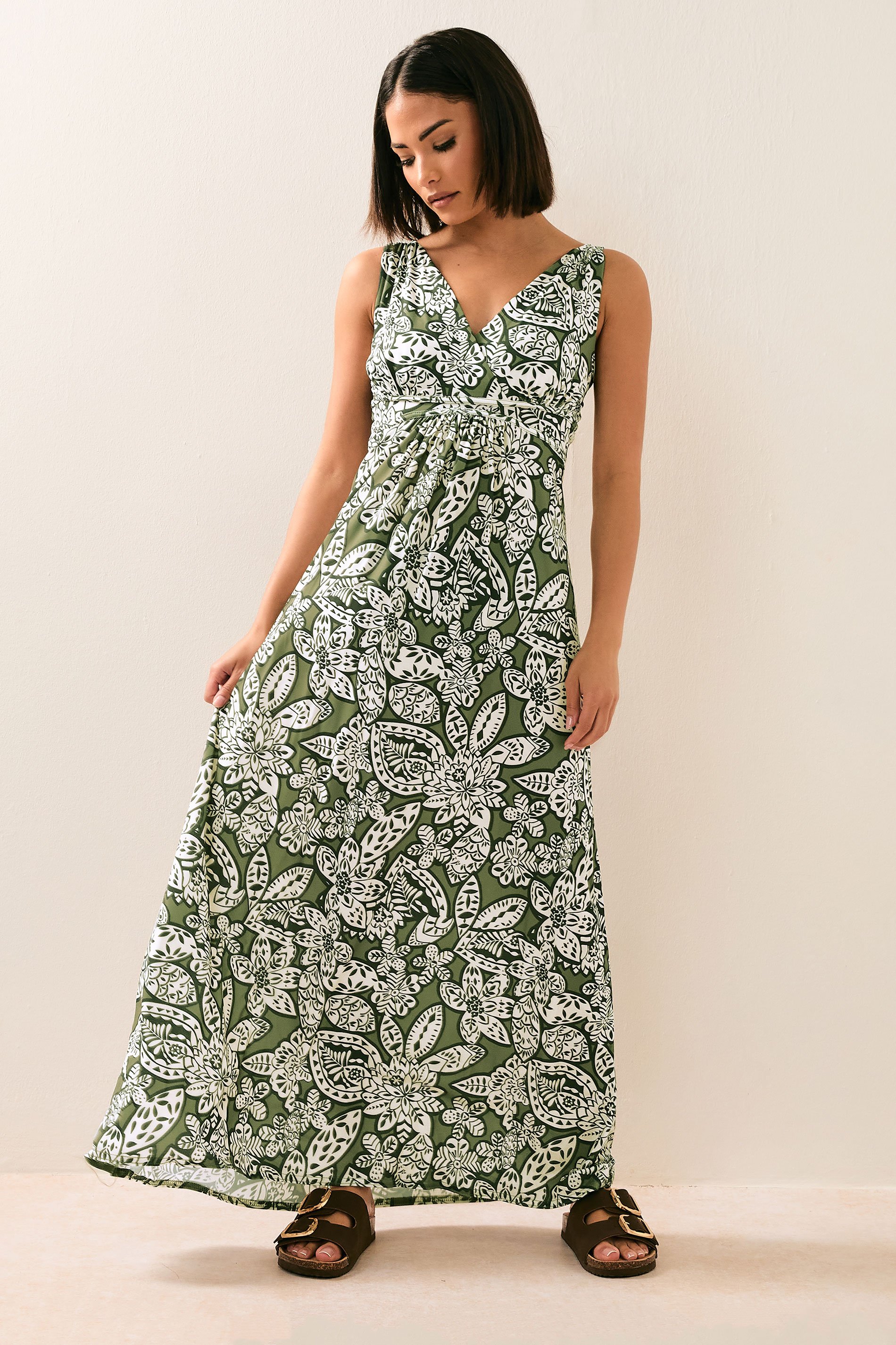 PixieGirl Petite Women's Khaki Green Floral Print Maxi Dress | PixieGirl 2