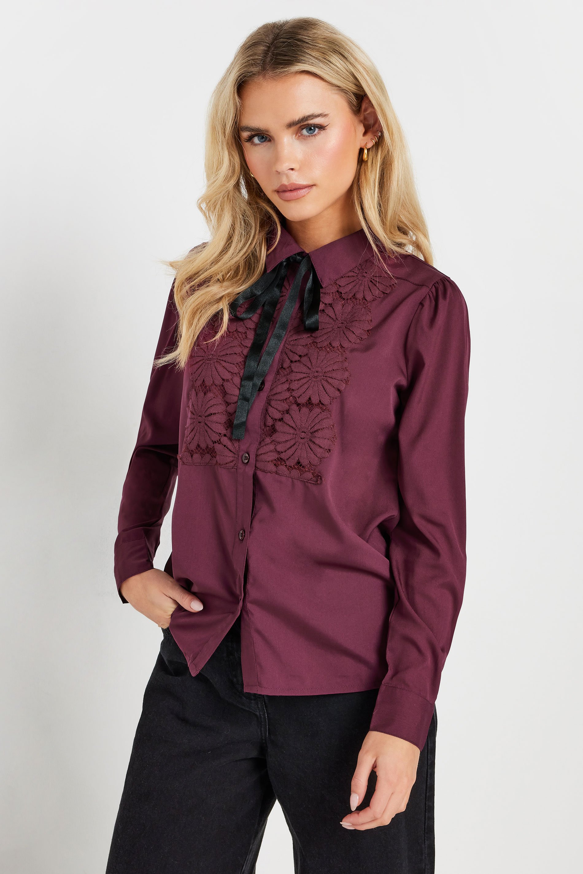 PixieGirl Petite Women's Burgundy Red Lace Trim Tie Neck Shirt | PixieGirl 1