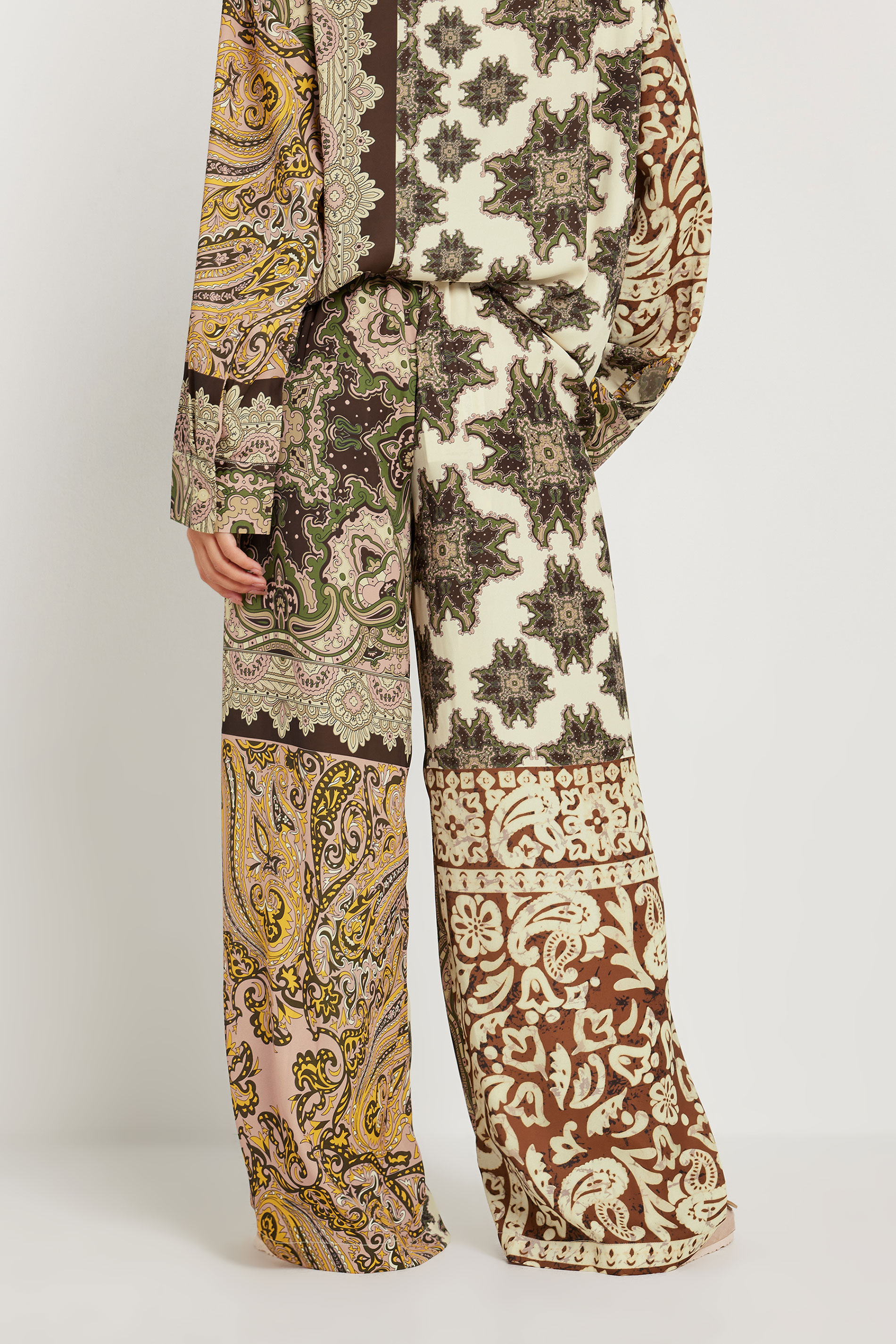 PixieGirl Petite Women's Beige Brown Patchwork Wide Leg Trousers | PixieGirl 3