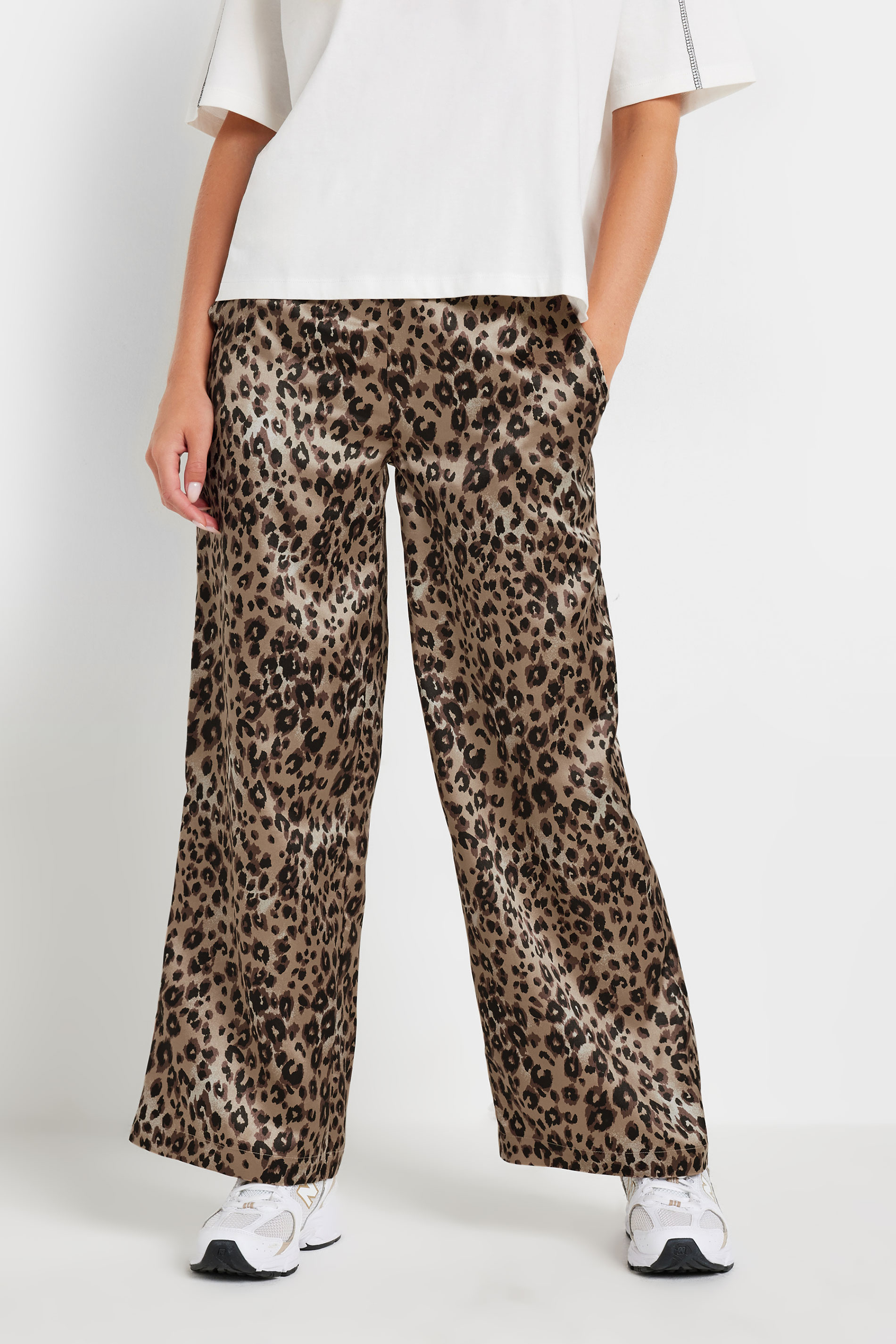PixieGirl Petite Women's Brown Leopard Print Satin Wide Leg Trousers | PixieGirl 3