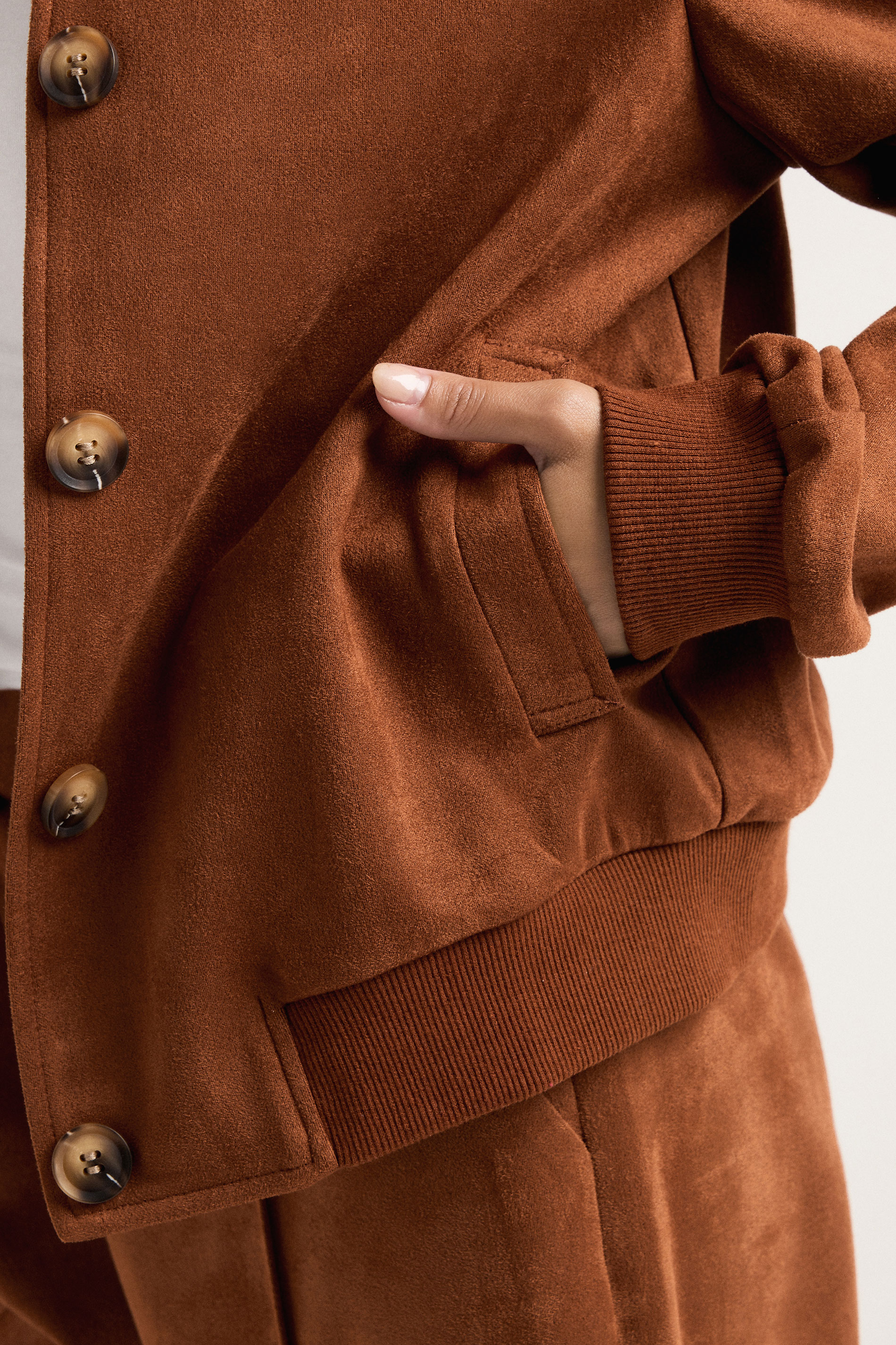 PixieGirl Petite Women's Tan Brown Suedette Collar Bomber Jacket | PixieGirl 6