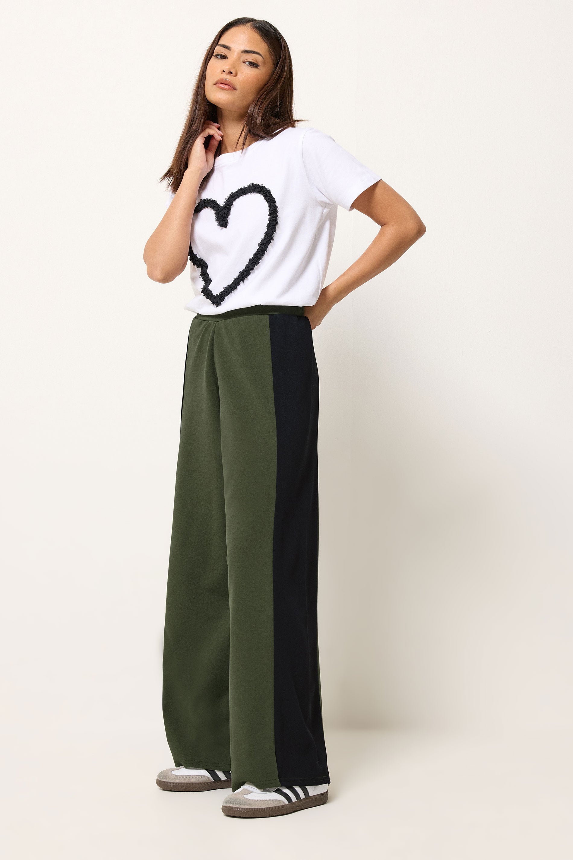 PixieGirl Petite Women's Khaki Green Side Panel Wide Leg Trousers | PixieGirl 3