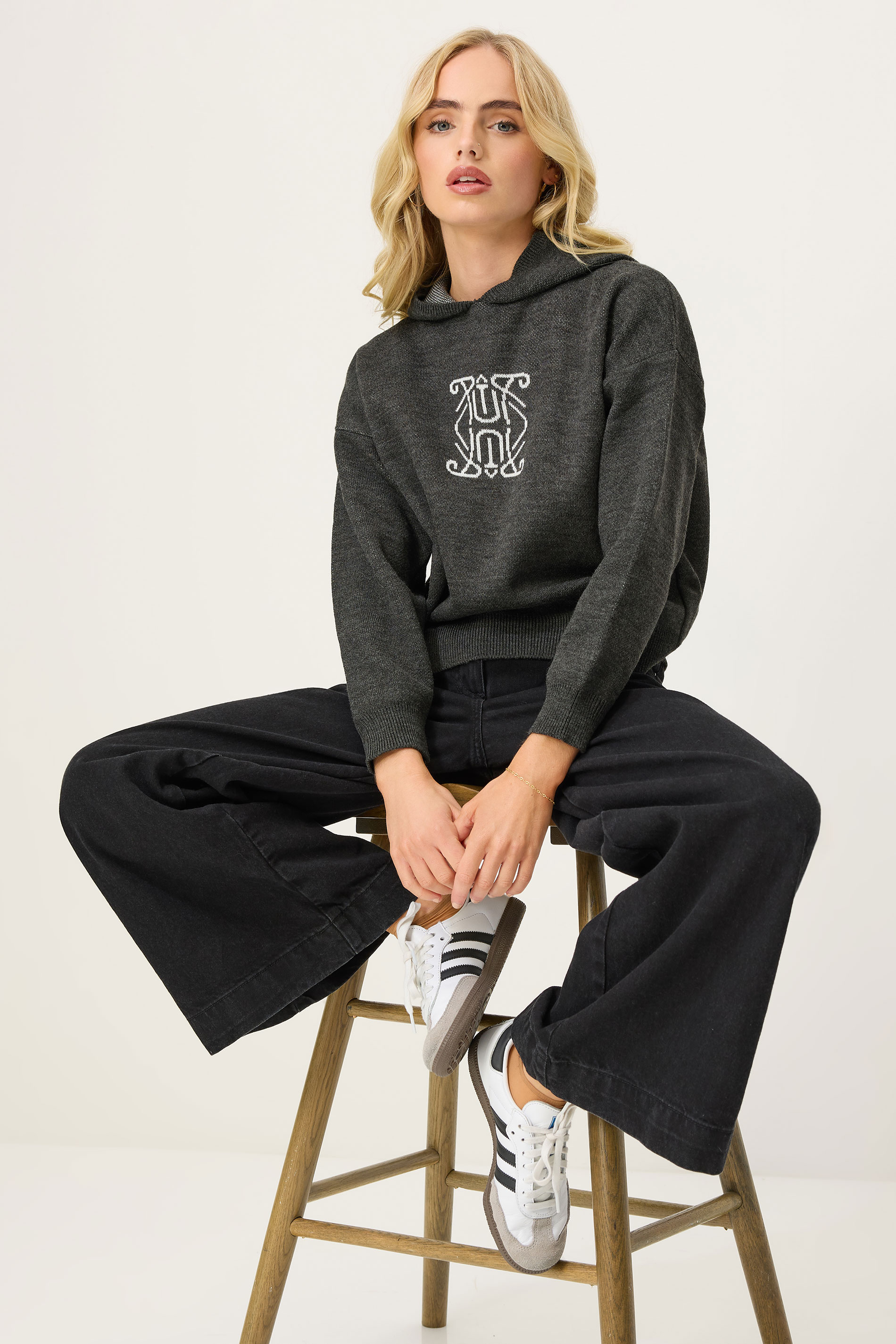 PixieGirl Petite Women's Charcoal Grey Knitted Contrast Swirl Hoodie | PixieGirl 2