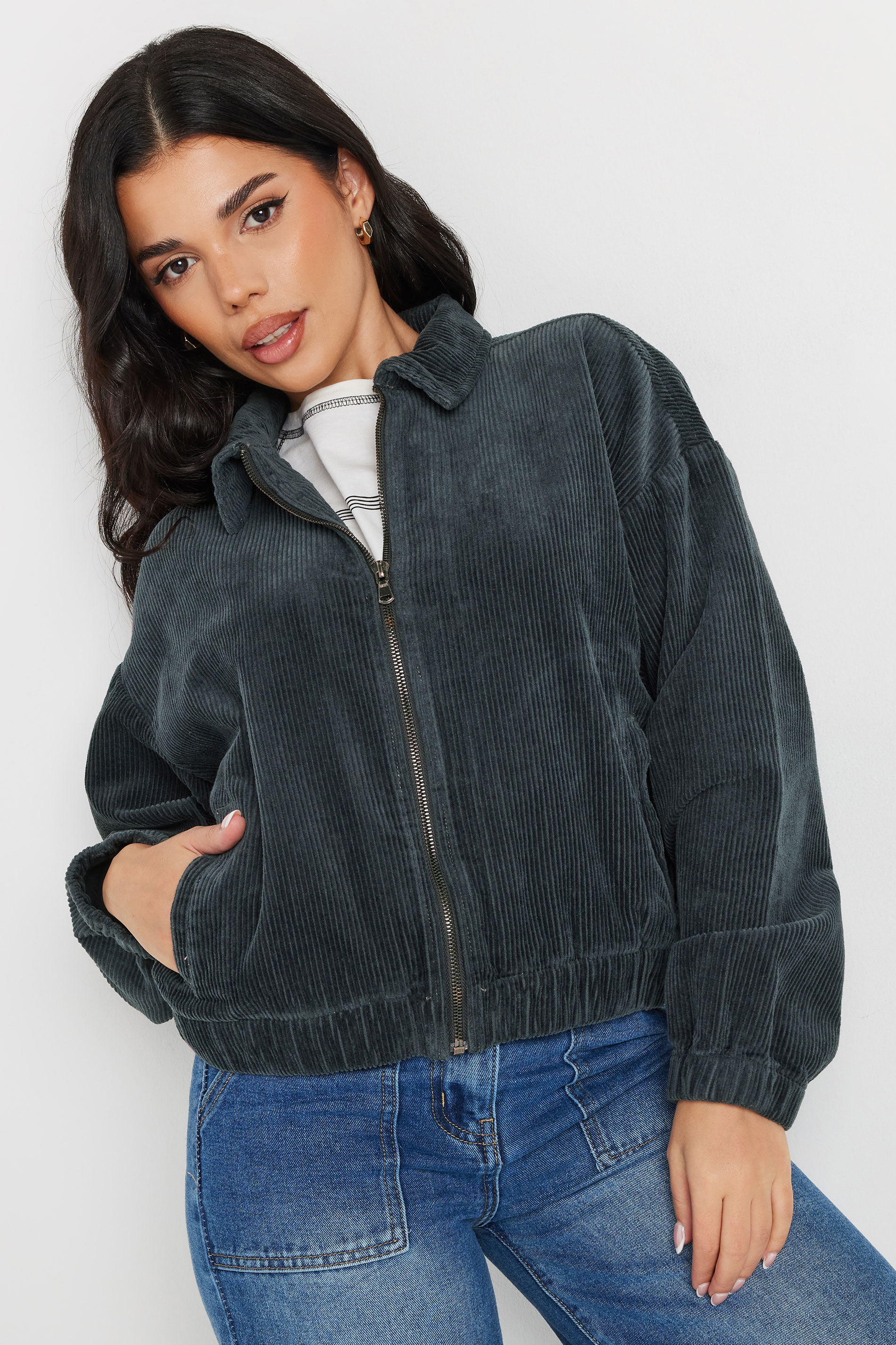 PixieGirl Petite Women's Charcoal Grey Cord Bomber Jacket | PixieGirl 4