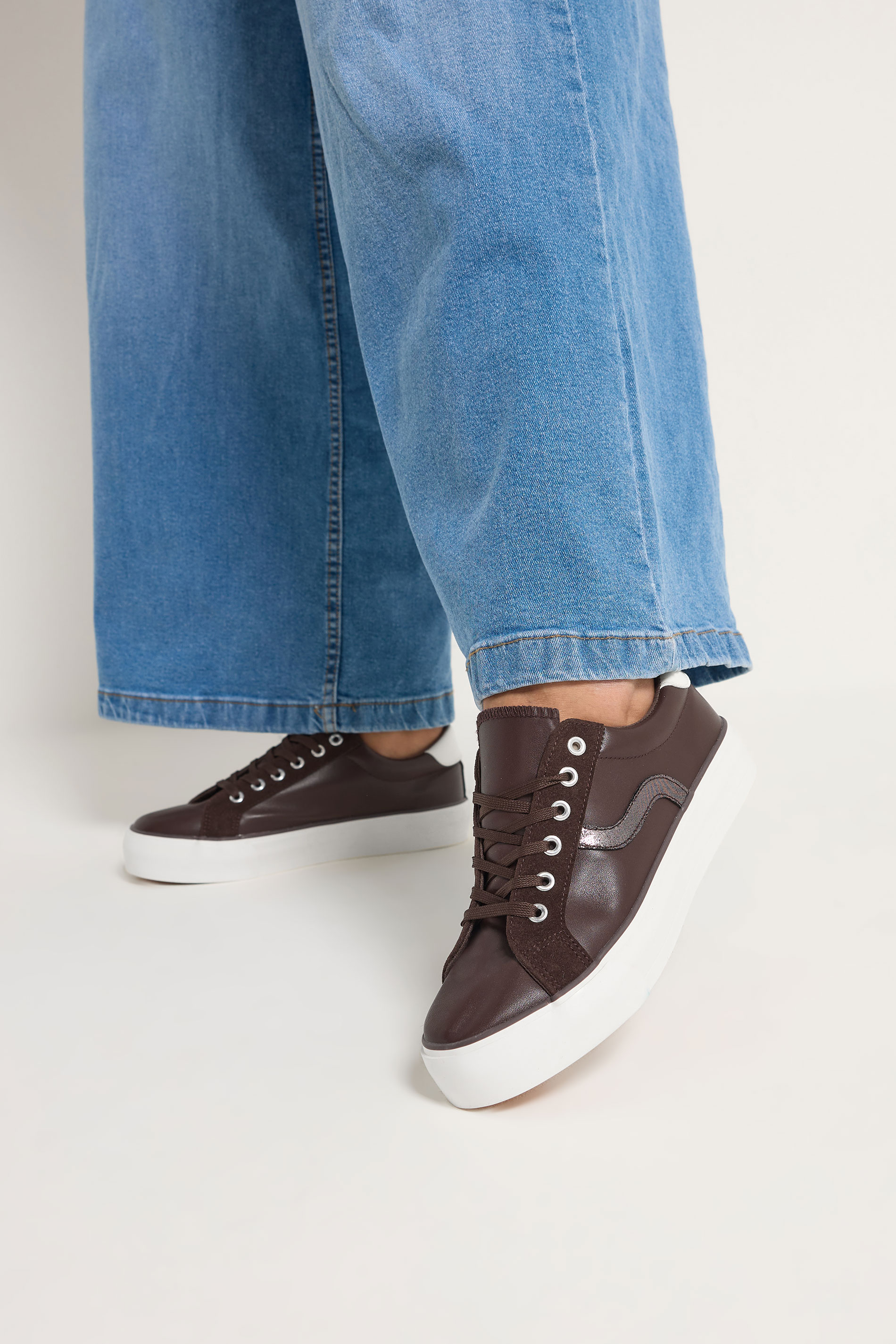 Chocolate Brown Faux Leather Trainers In Extra Wide EEE Fit | Yours Clothing 3
