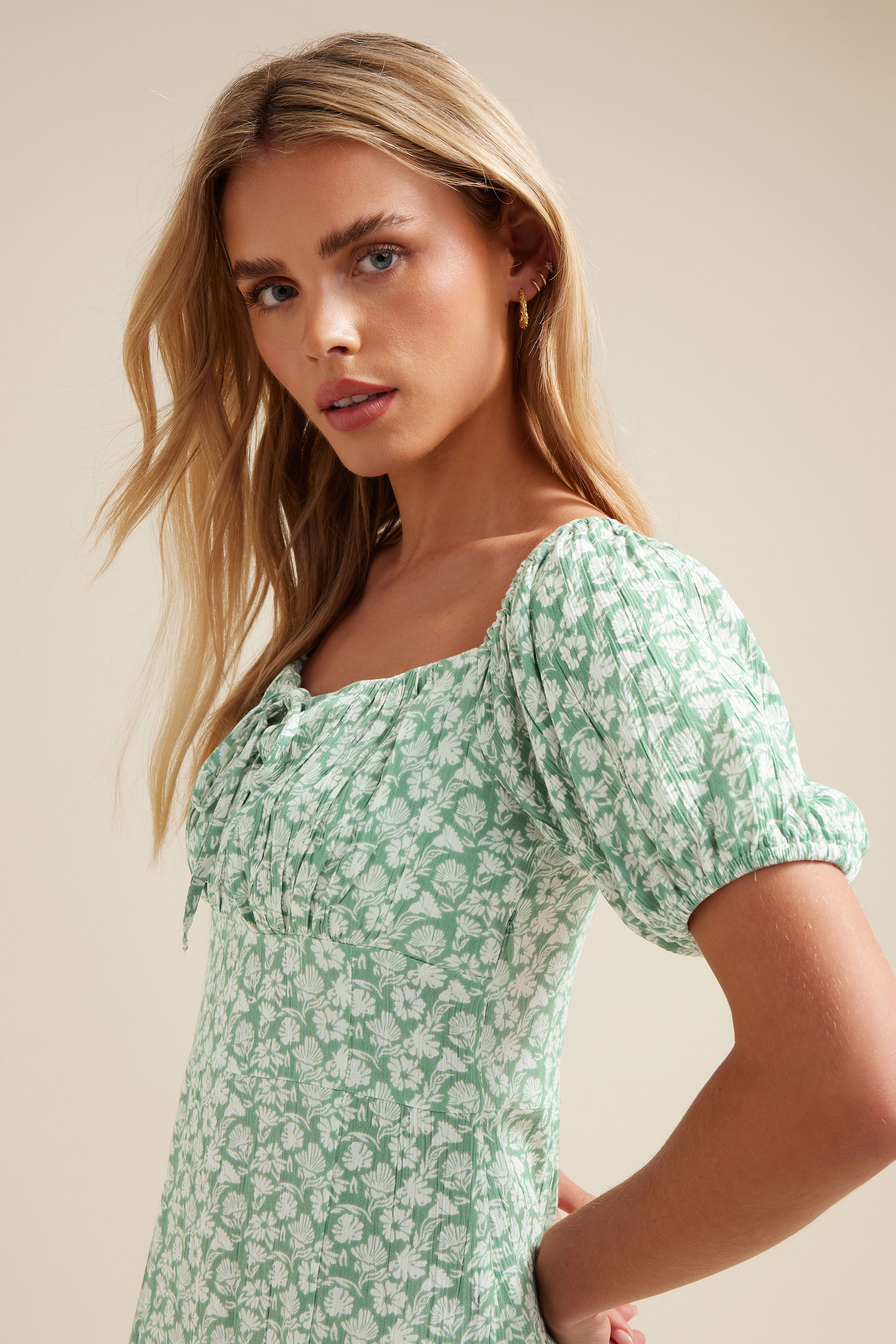 PixieGirl Petite Women's Mint Green Floral Tie Front Midi Dress | PixieGirl 5