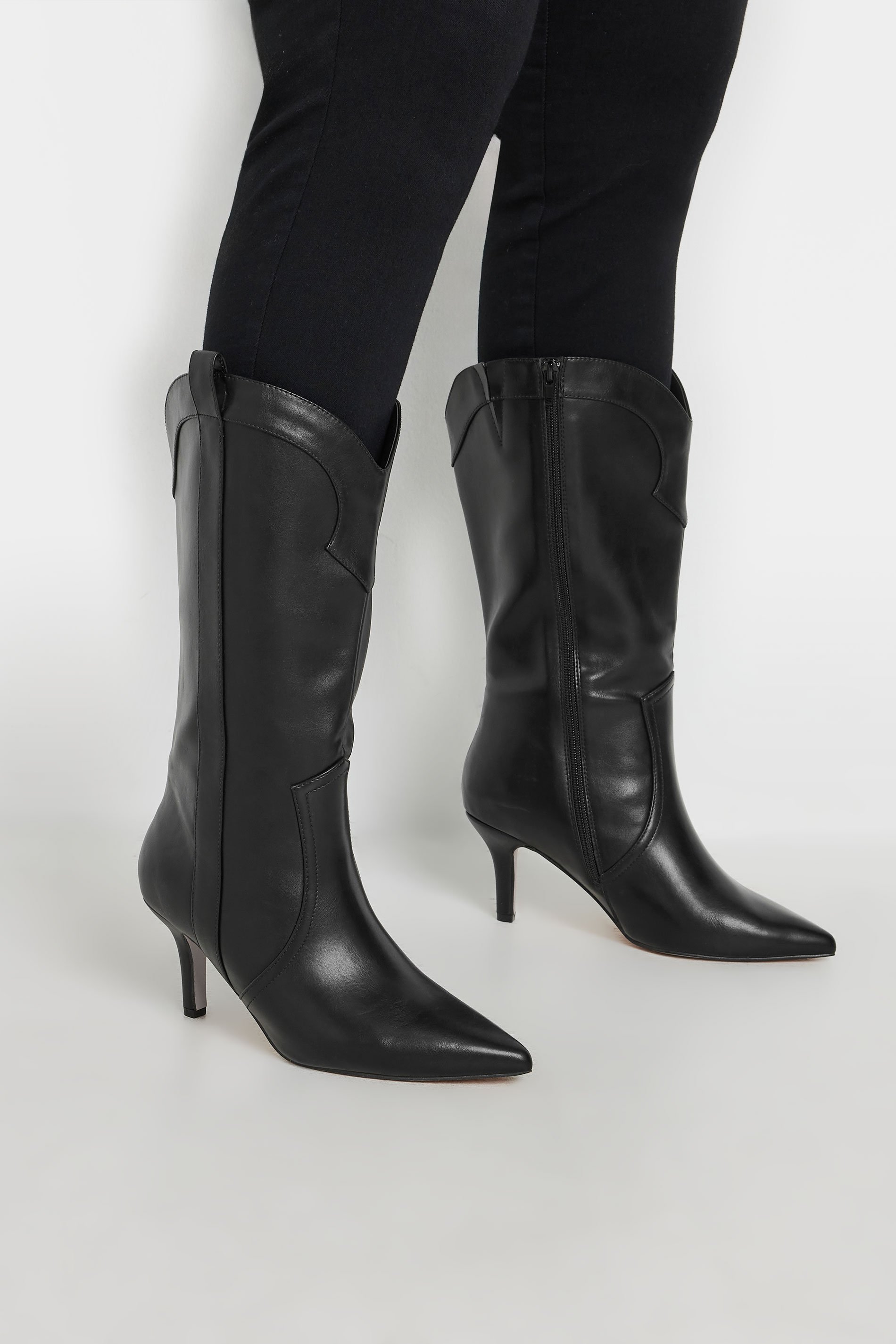 Black Faux Leather Heeled Cowboy Boots In Extra Wide EEE Fit | Yours Clothing  1