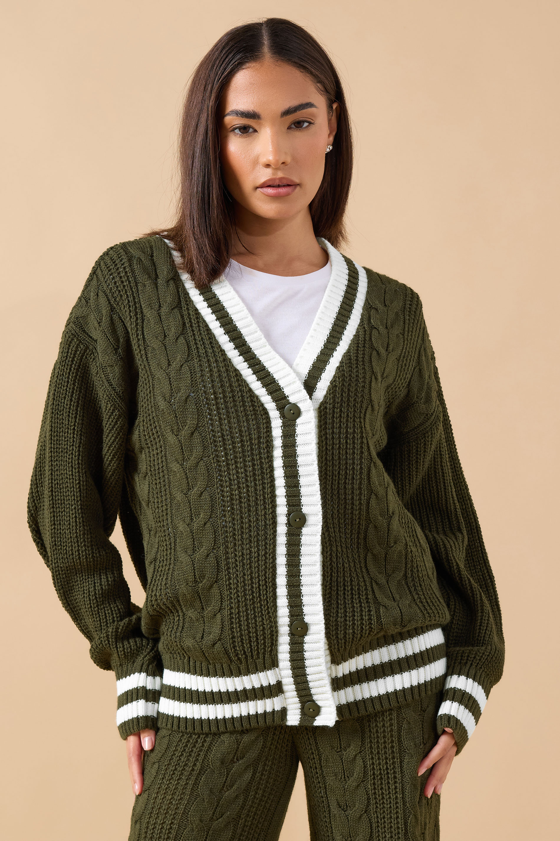 PixieGirl Petite Women's Khaki Green Contrast Cable Knit Cardigan | PixieGirl 1