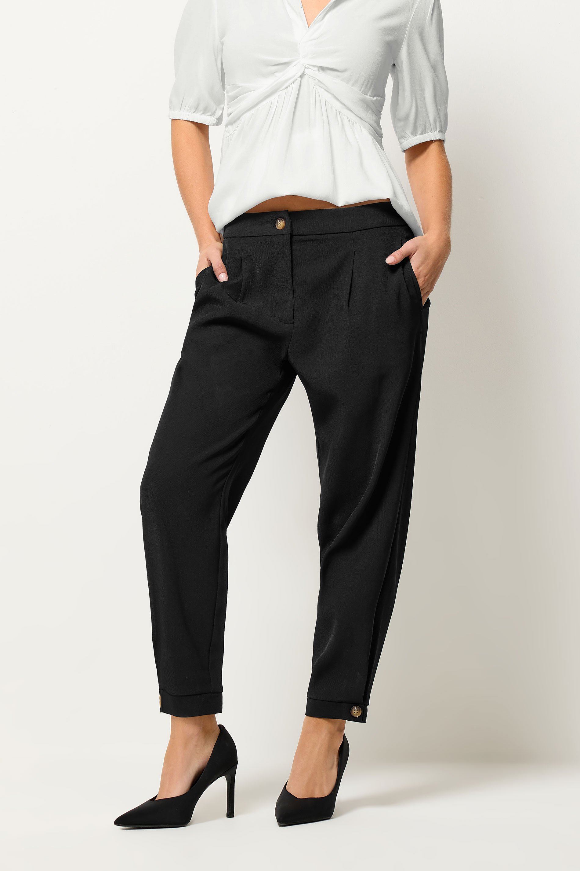 PixieGirl Petite Women's Black Tailored Barrel Button Trousers | PixieGirl 2