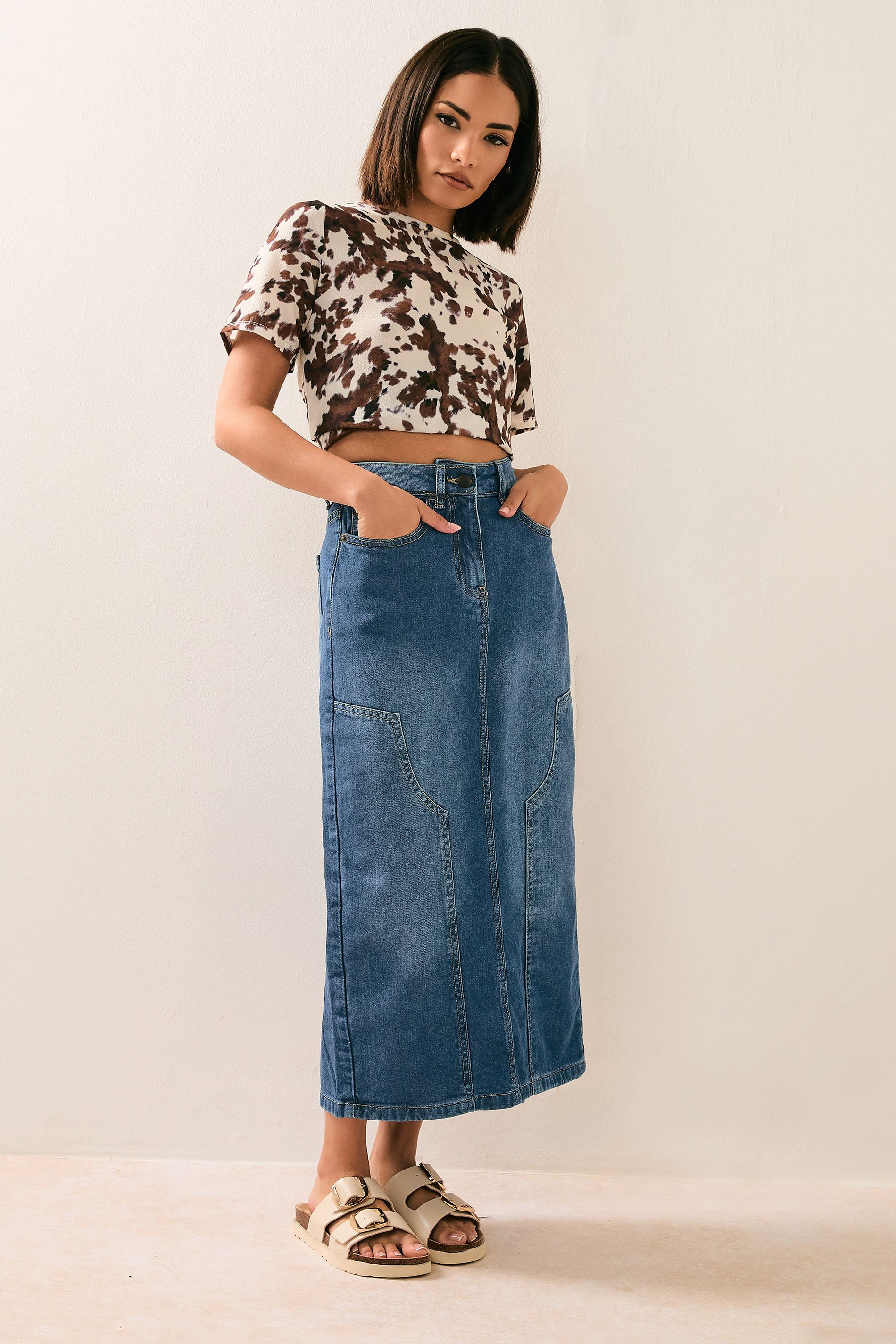 PixieGirl Petite Women's Blue Denim Panel Seam Skirt | PixieGirl 1
