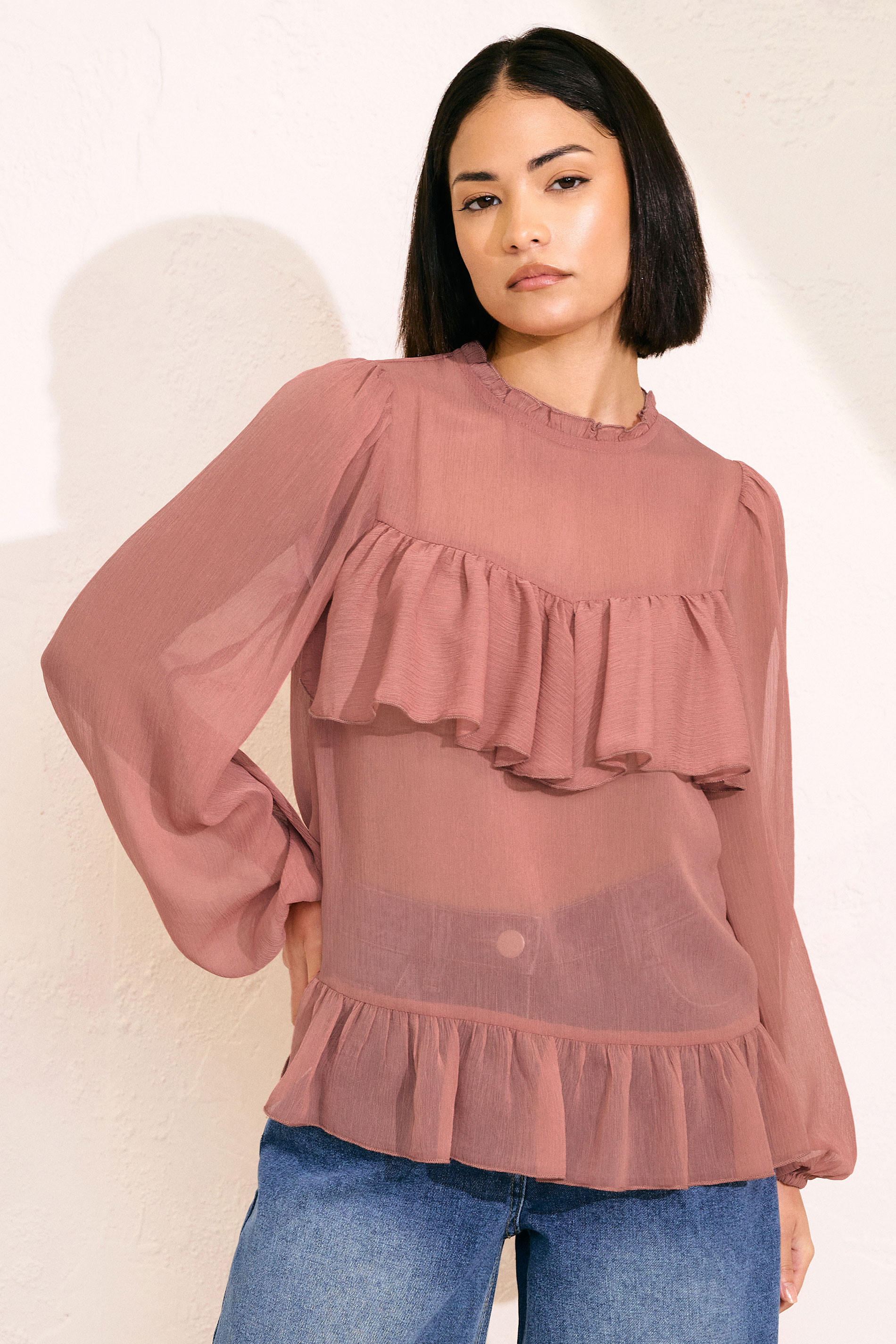 PixieGirl Petite Women's Coral Pink Chiffon Frill Blouse | PixieGirl 1