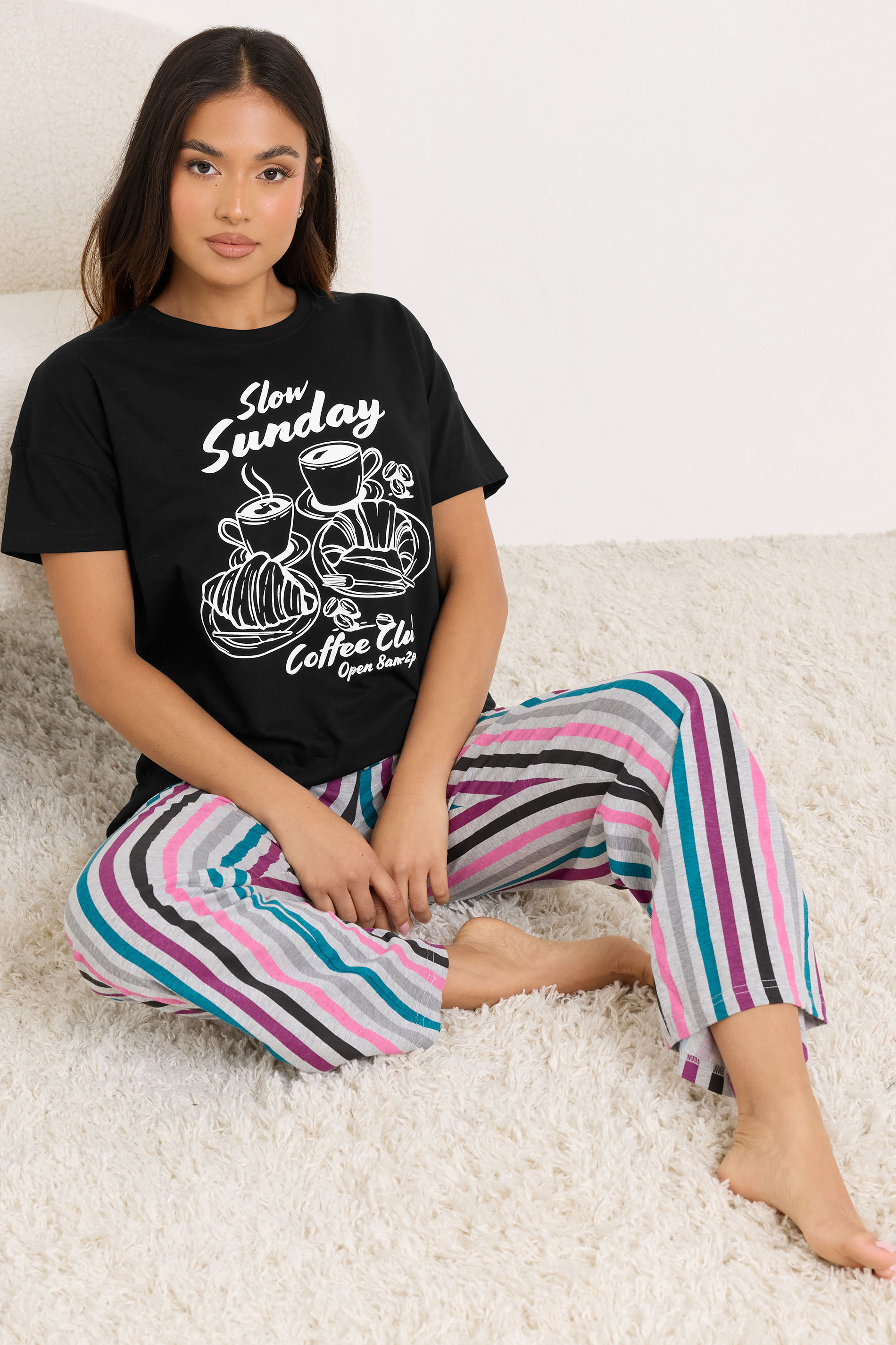 PixieGirl Petite Black Women's 'Slow Sunday Coffee Club' Slogan Pyjama Set | PixieGirl 3