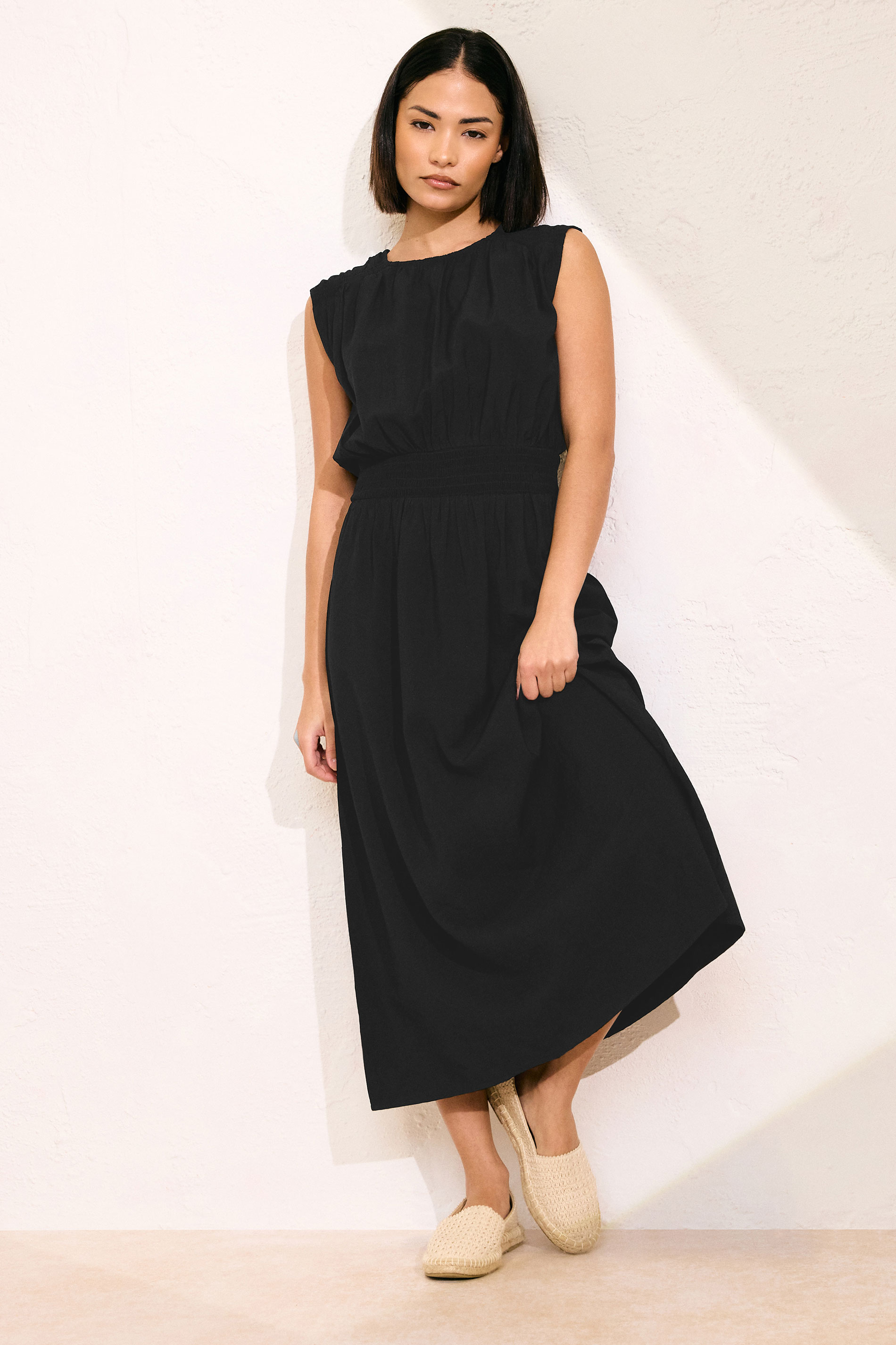 PixieGirl Petite Women's Black Shirred Waist Midi Dress | PixieGirl 2
