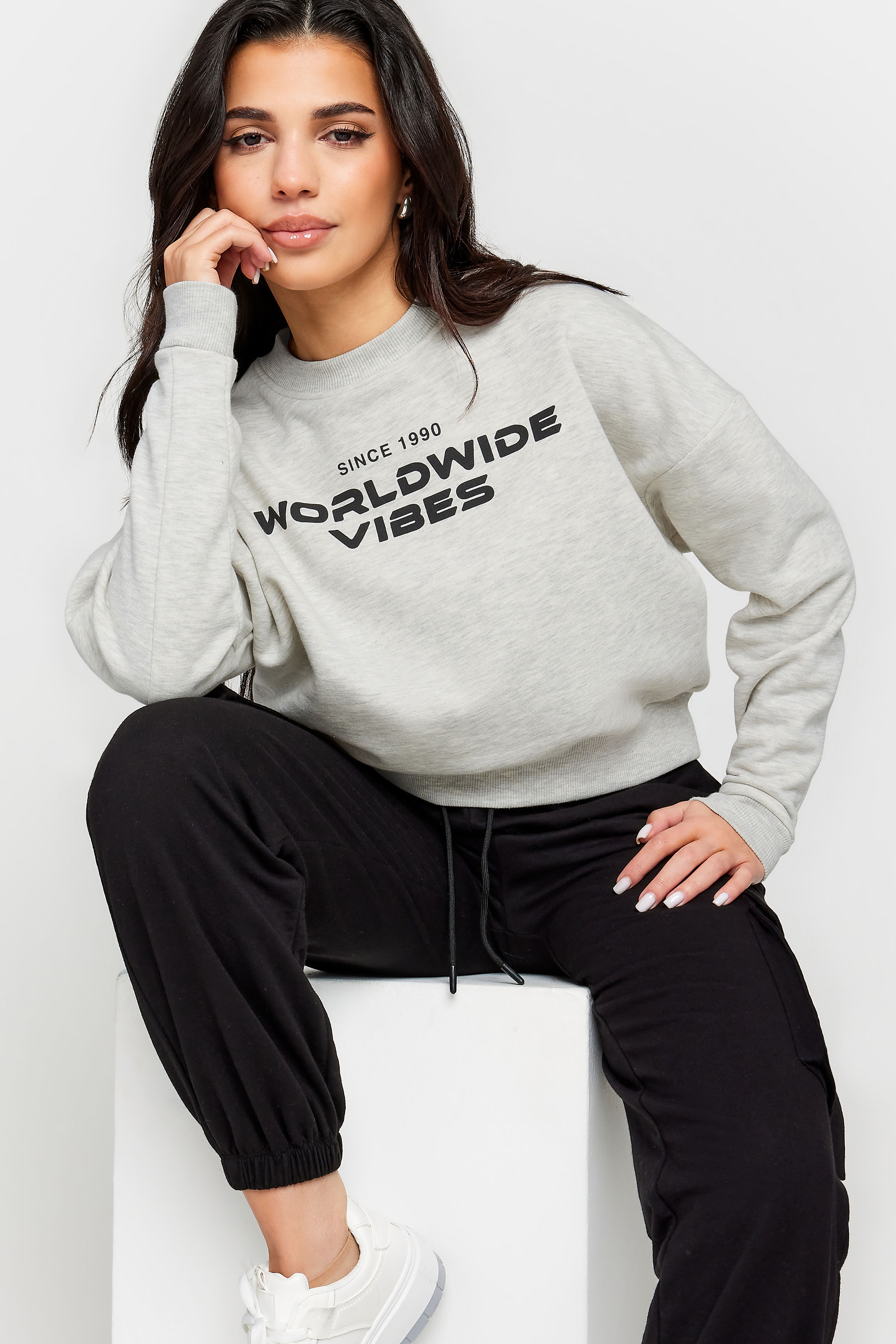PixieGirl Petite Womens Light Grey 'Worldwide Vibes' Slogan Cropped Sweatshirt | PixieGirl 5
