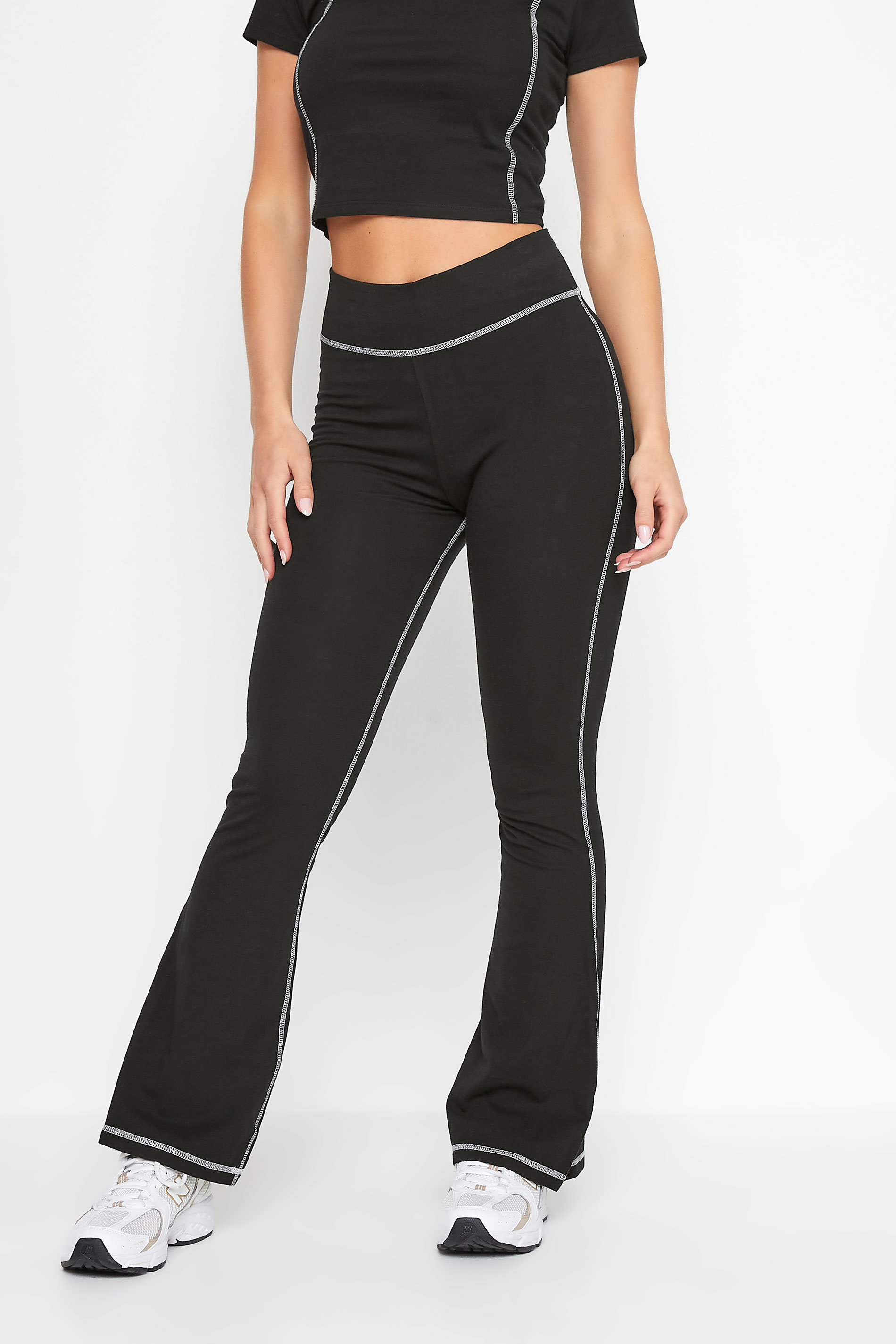 PixieGirl Petite Women's Black Contrast Stitch Flared Leggings | PixieGirl 2