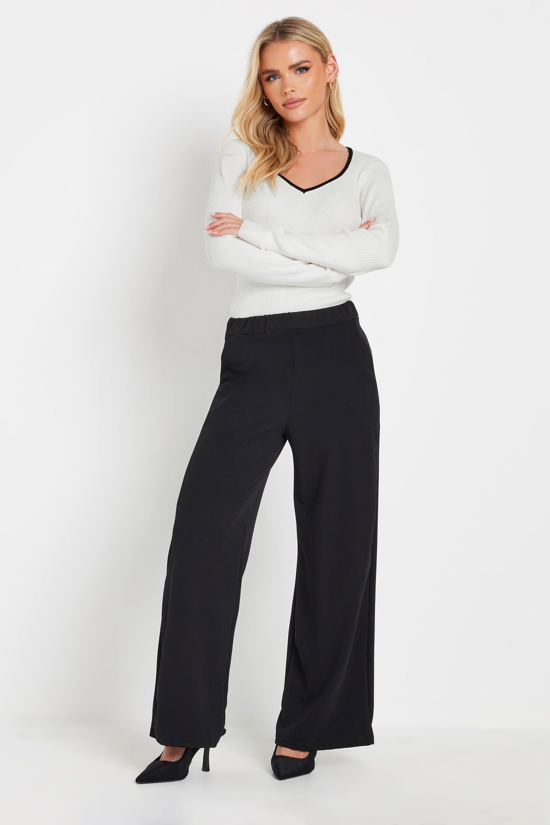 PixieGirl Petite Women's White Knitted Contrast Sweetheart Neck Top | PixieGirl 2