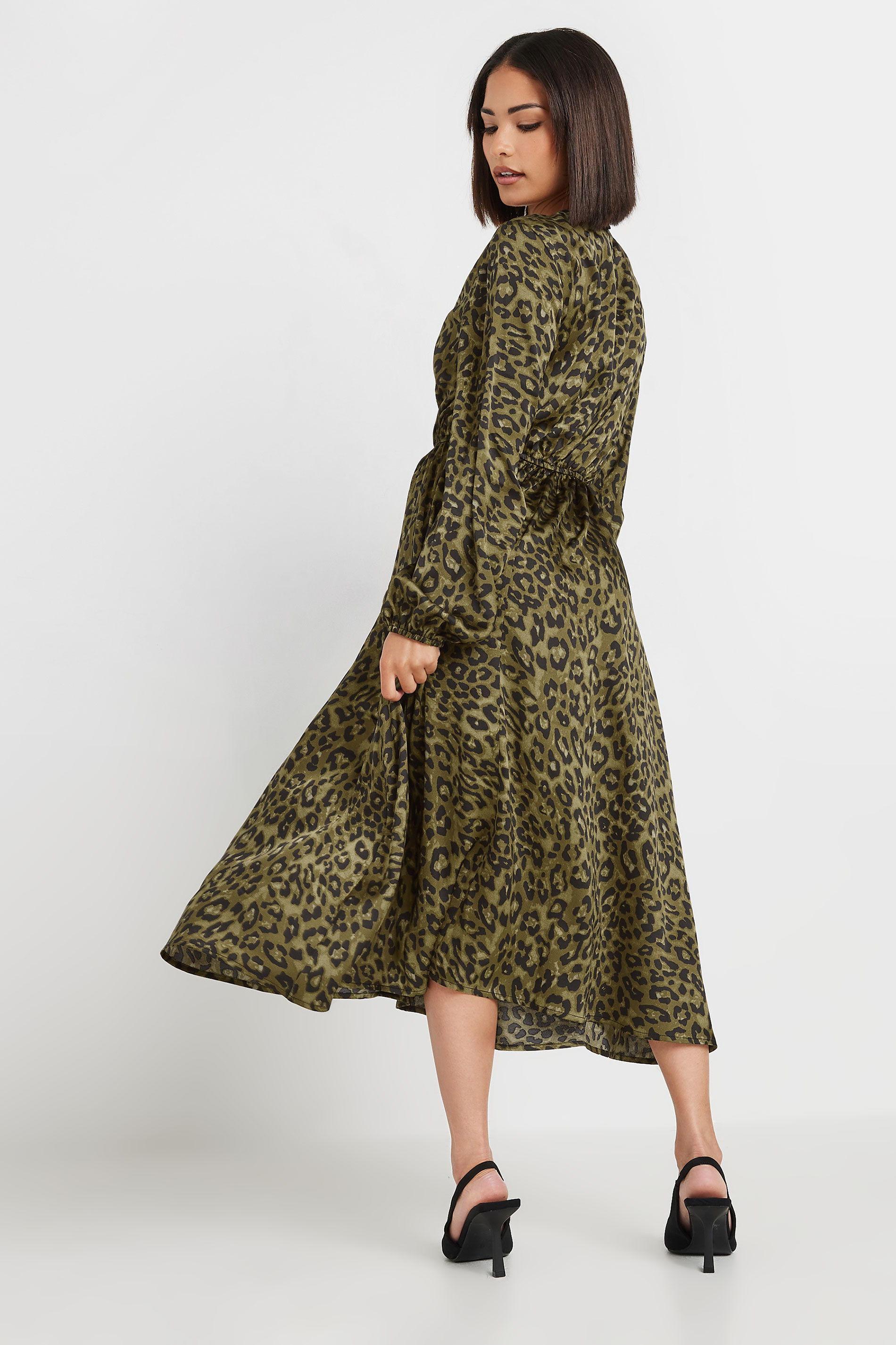 PixieGirl Petite Women's Khaki Green Leopard Print Satin Midi Dress | PixieGirl 5