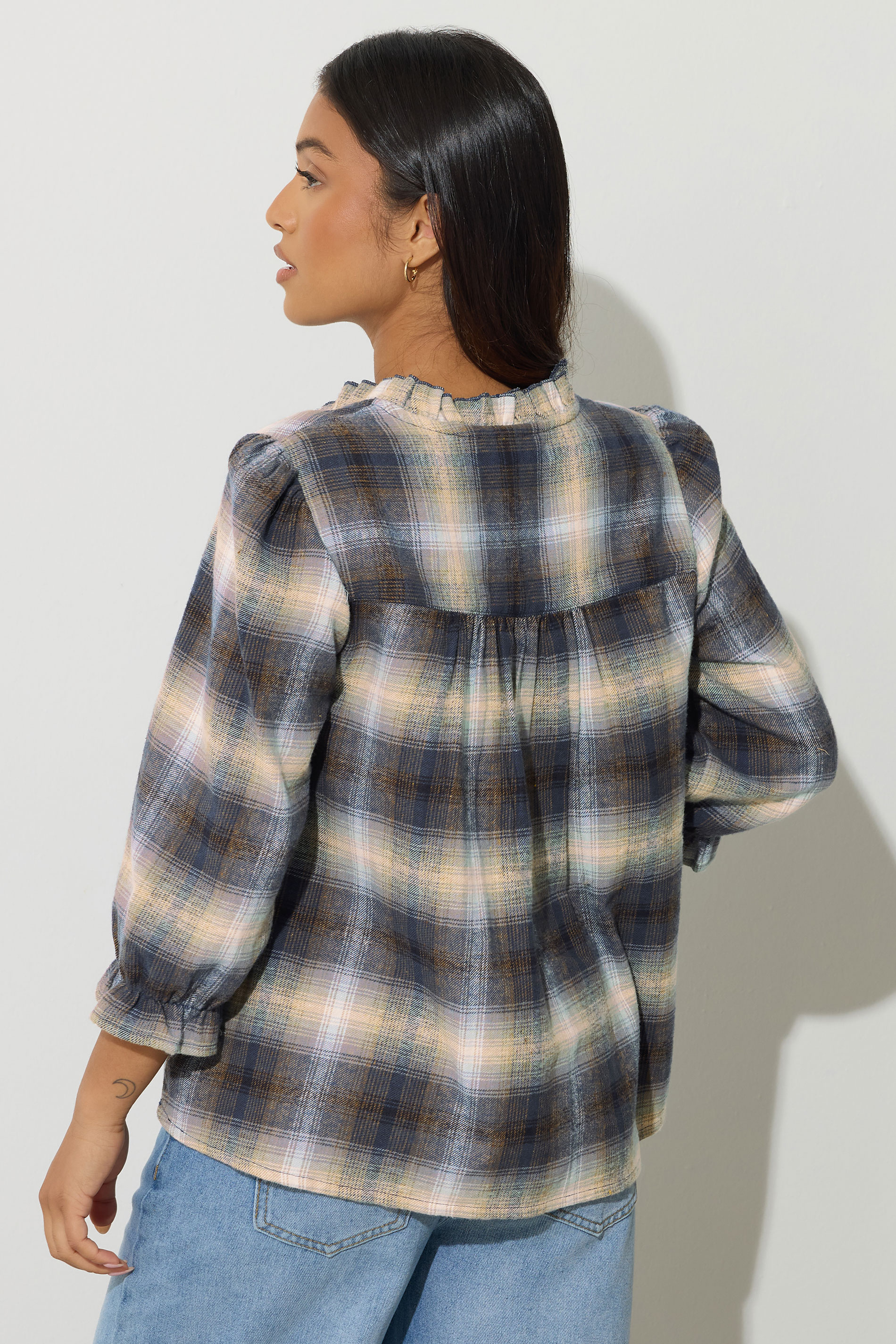 PixieGirl Petite Women's Blue Brushed Check Tie Front Smock Top | PixieGirl 4