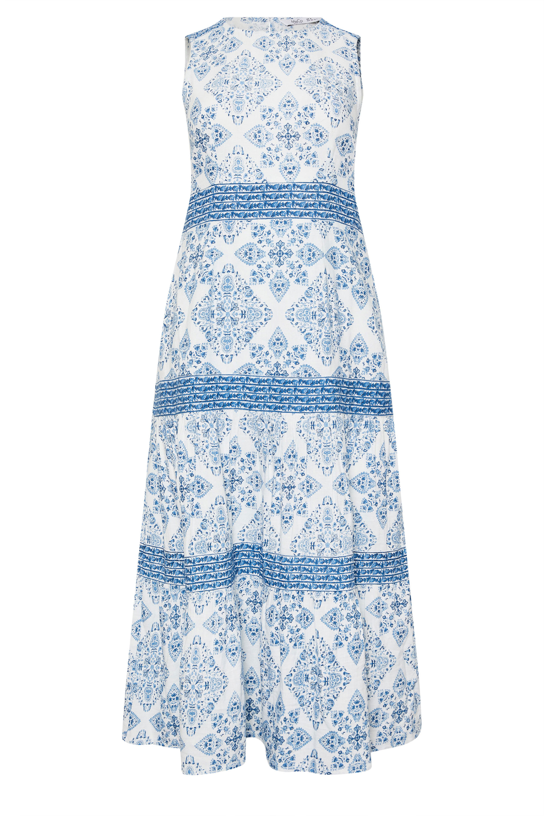 M&Co Petite Light Blue Tile Print Tiered Midi Dress | M&Co 5