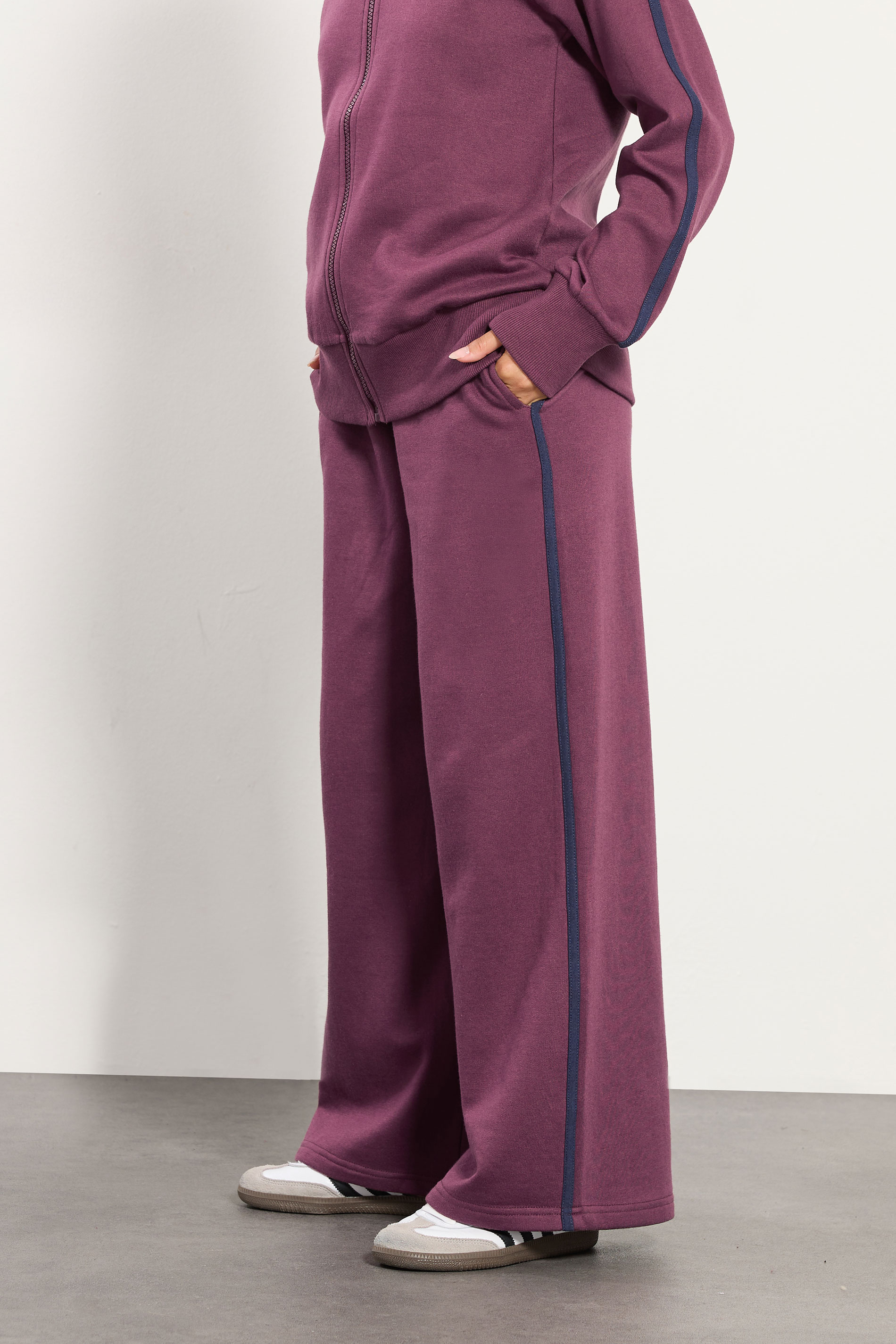 PixieGirl Petite Women's Burgundy Red Stripe Wide Leg Joggers | PixieGirl 2