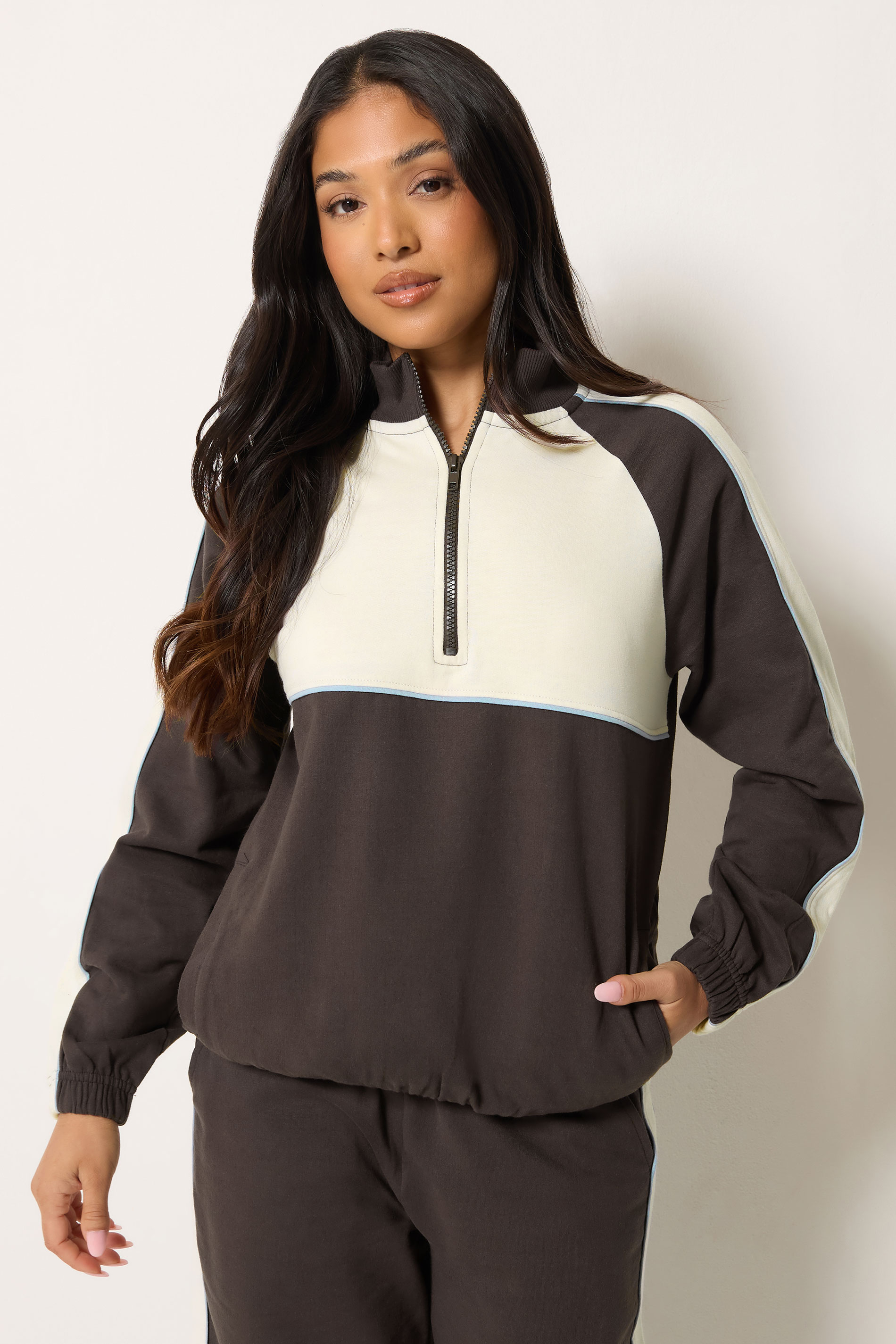 PixieGirl Petite Women's Chocolate Brown Colour Block Quarter Zip
