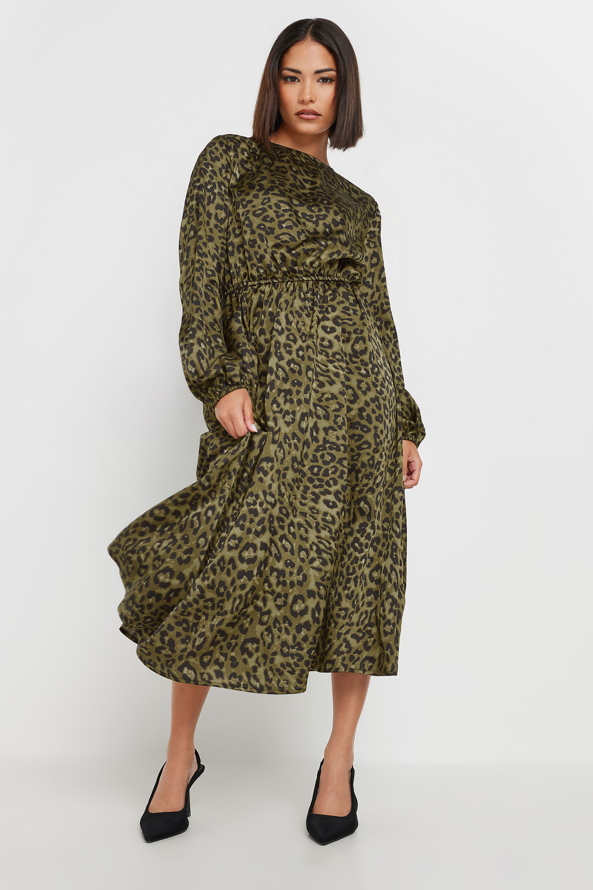 PixieGirl Petite Women's Khaki Green Leopard Print Satin Midi Dress | PixieGirl 2