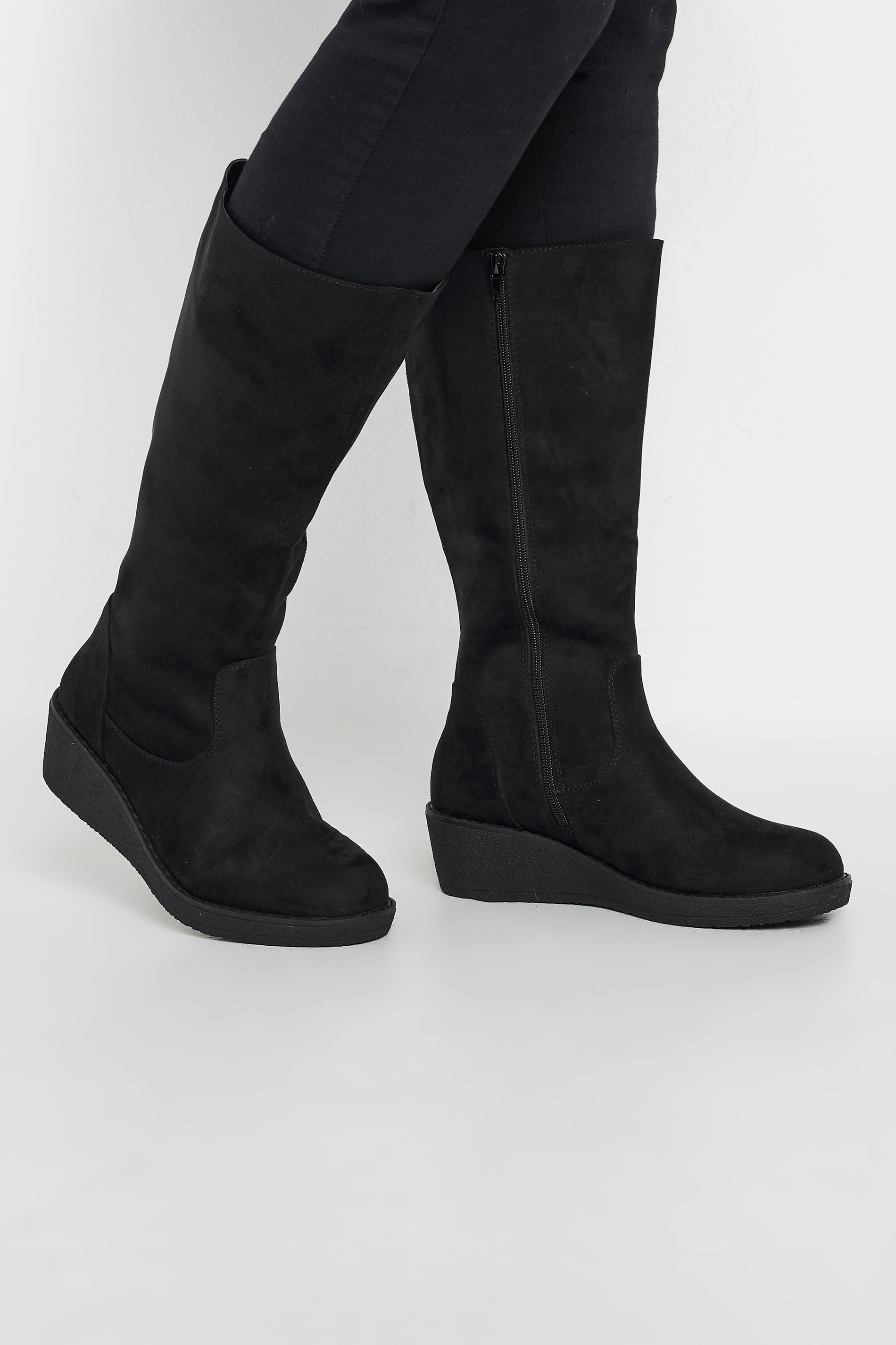 Black Faux Suede Wedge Boots In Extra Wide EEE Fit | Yours Clothing 1
