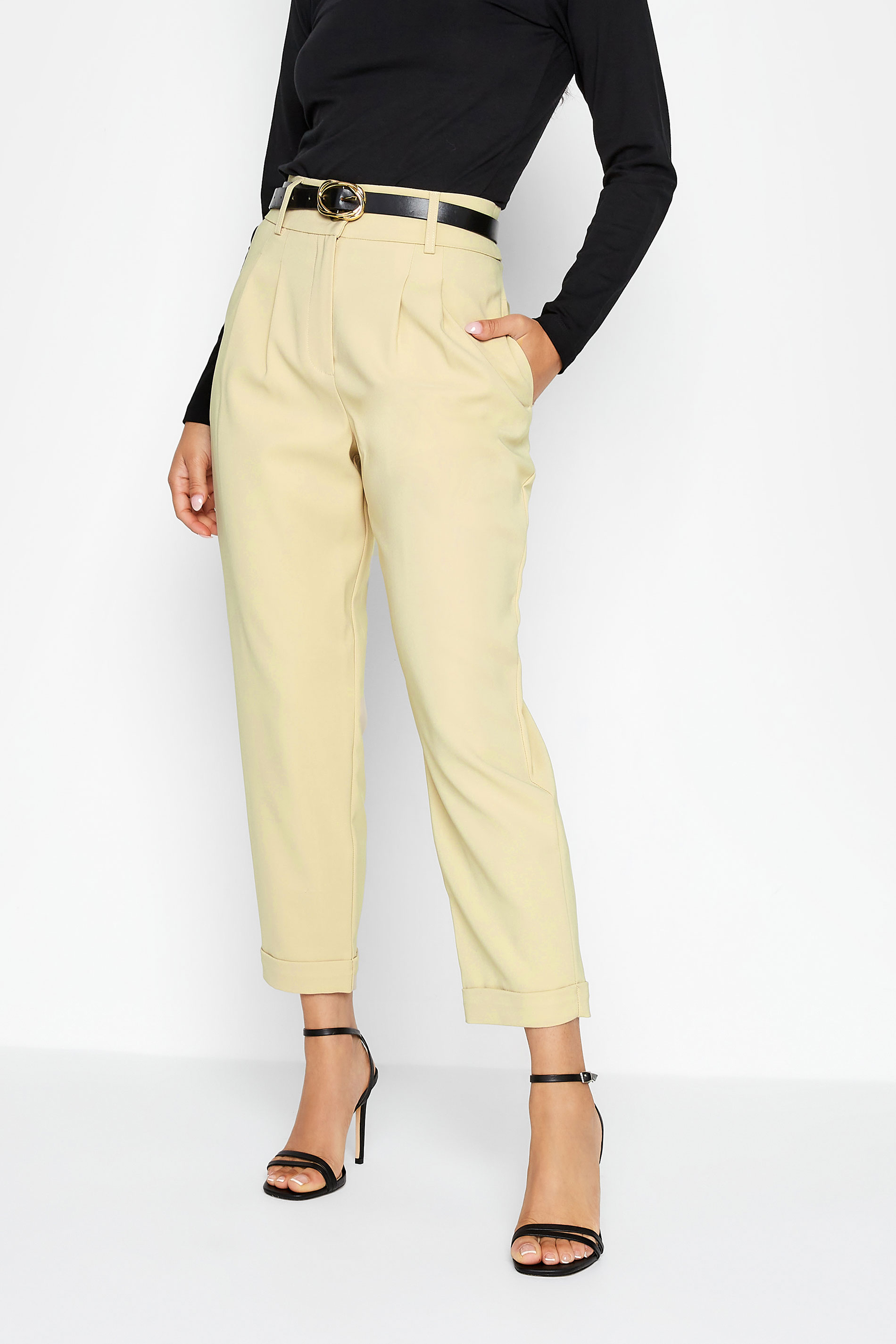 Petite Beige Brown Belted Tailored Trousers | PIxieGirl | PixieGirl