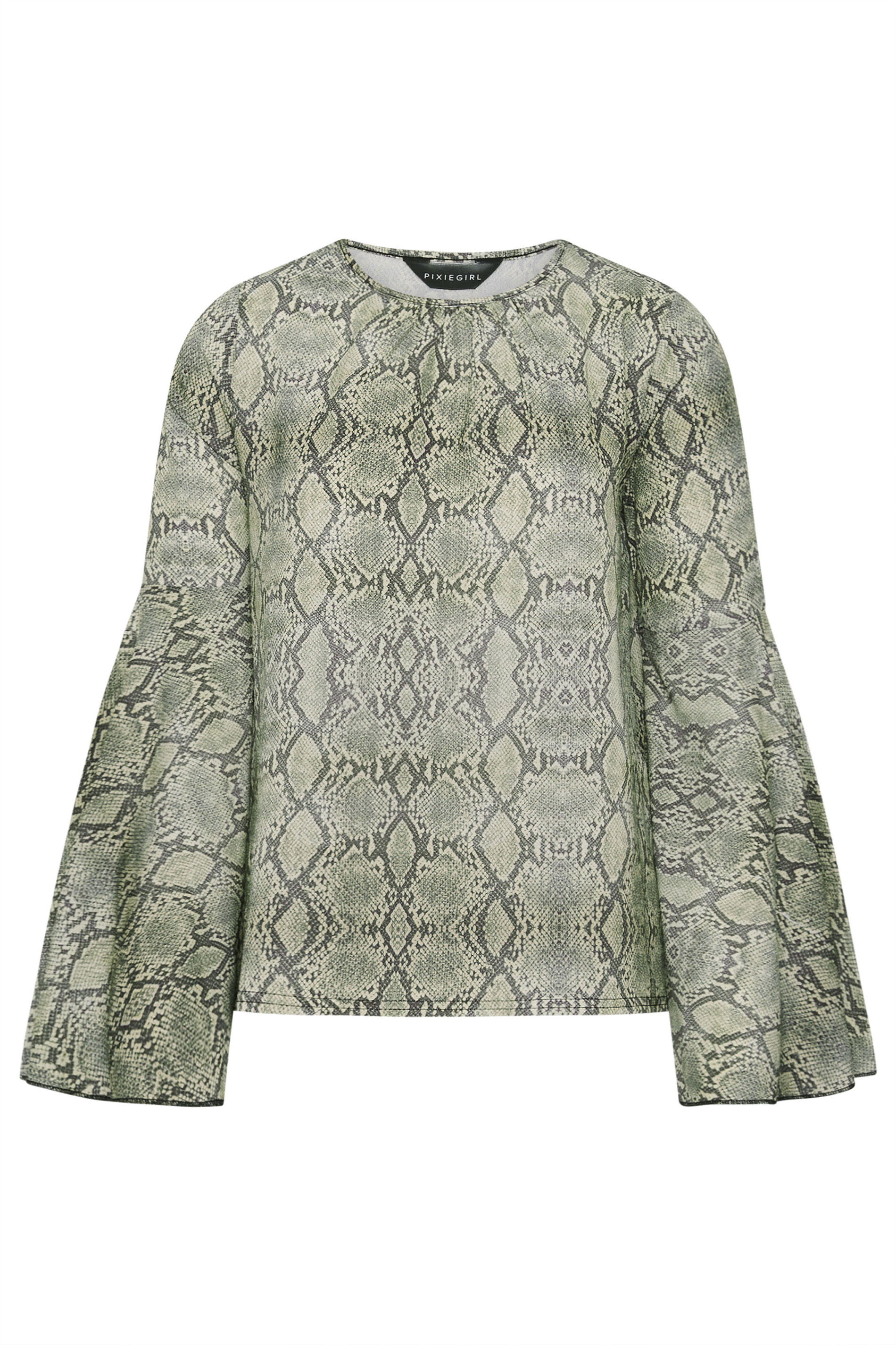 PixieGirl Petite Women's Grey Woven Snake Print Bell Sleeve Top | PixieGirl 5