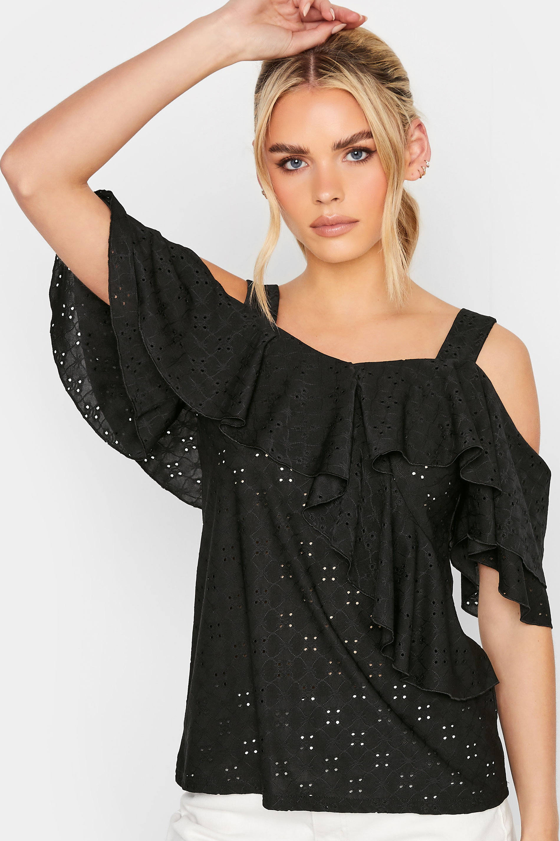 PixieGirl Black Broderie Anglaise Wrap Cold Shoulder Top | PixieGirl 4