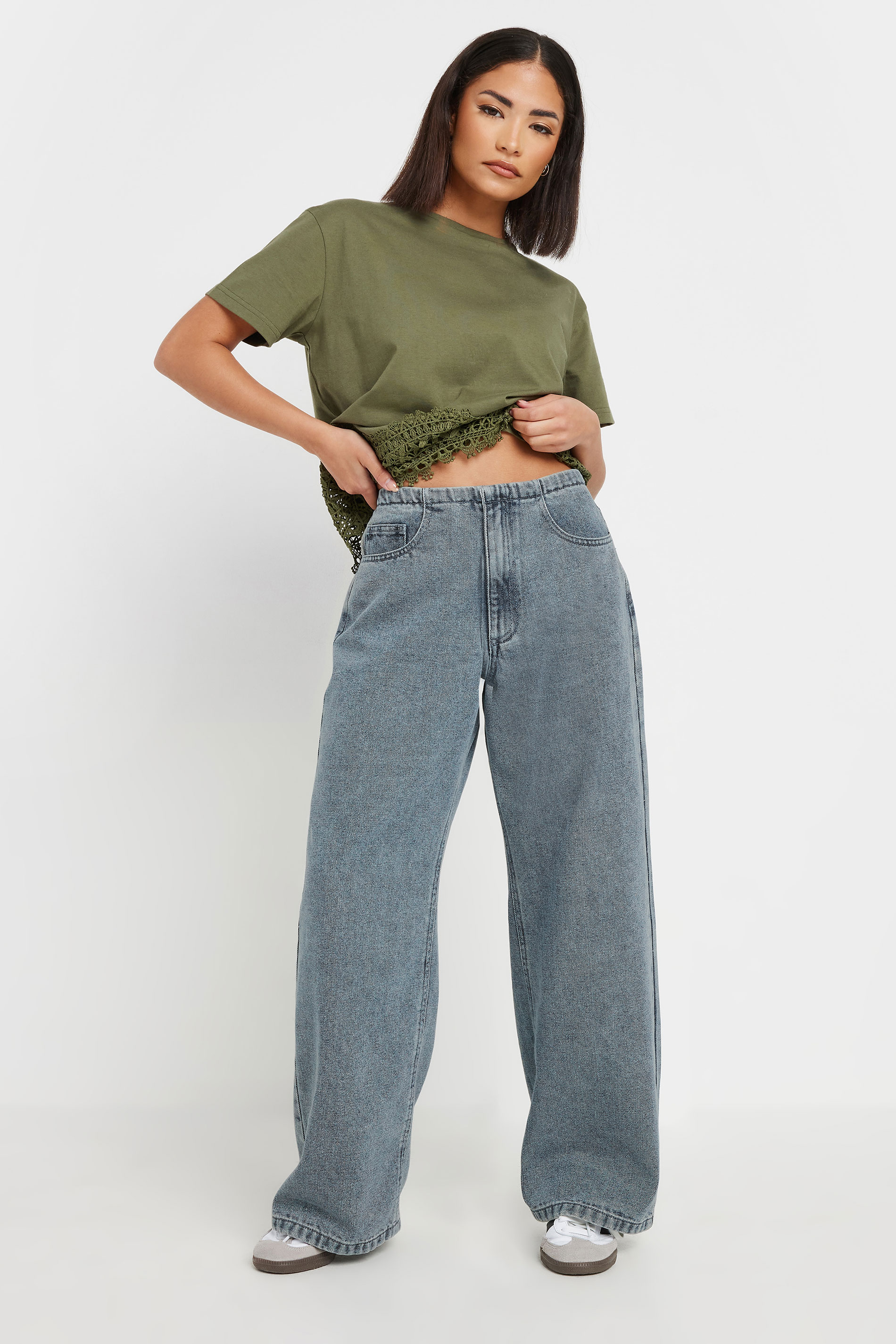 PixieGirl Petite Women's Blue Denim Thin Waistband Wide Leg Jeans | PixieGirl  2