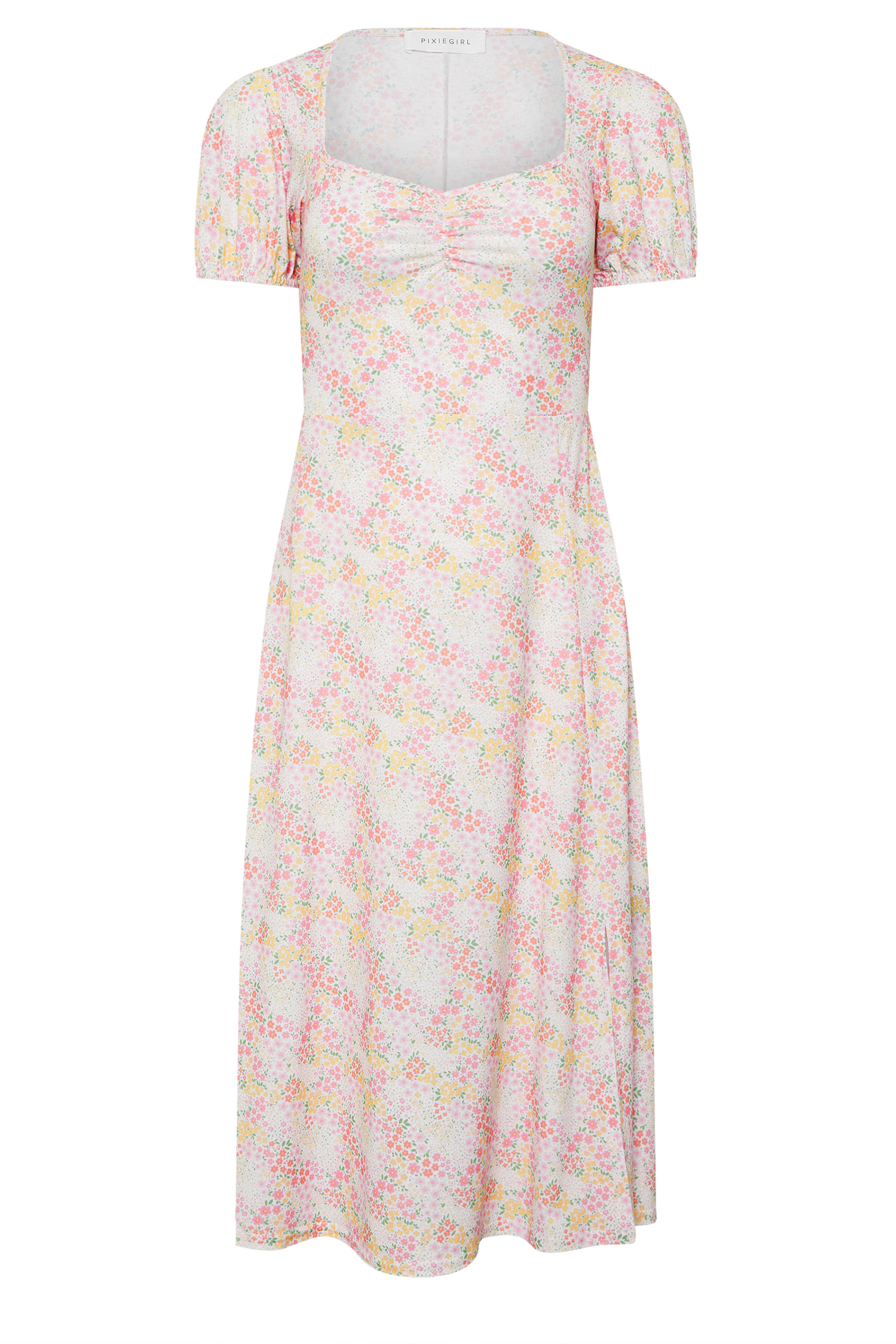 PixieGirl Petite Women's Pink Ditsy Puff Sleeve Midi Dress | PixieGirl 5