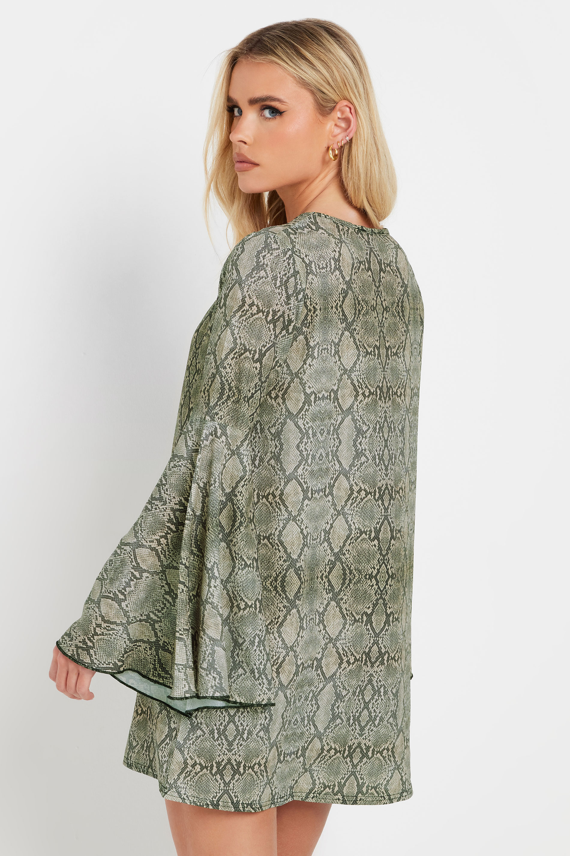 PixieGirl Petite Women's Grey Woven Snake Print Bell Sleeve Mini Dress | PixieGirl 3