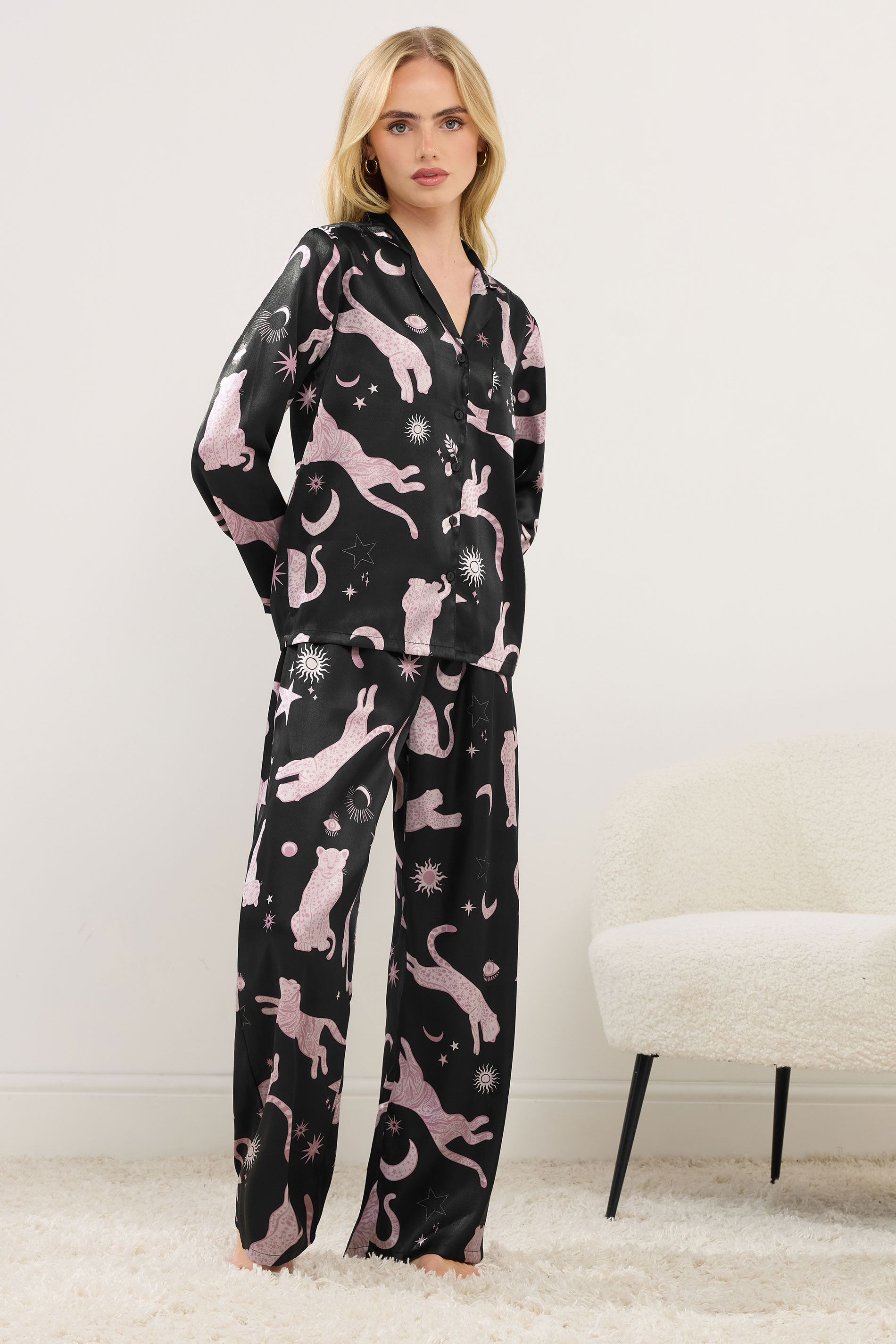 PixieGirl Petite Women's Black Graphic Satin Button Pyjama Set | PixieGirl 2