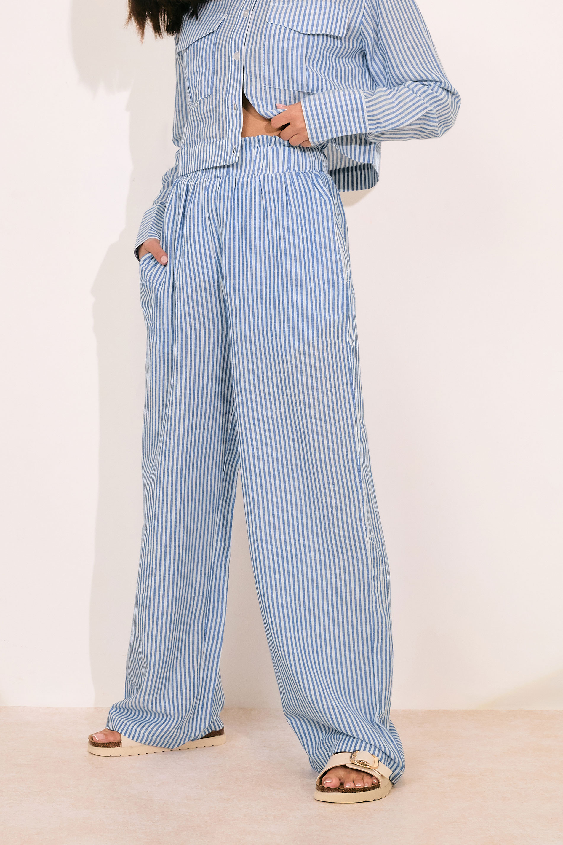 PixieGirl Petite Women's Blue Linen Striped Wide Leg Trousers | PixieGirl 5