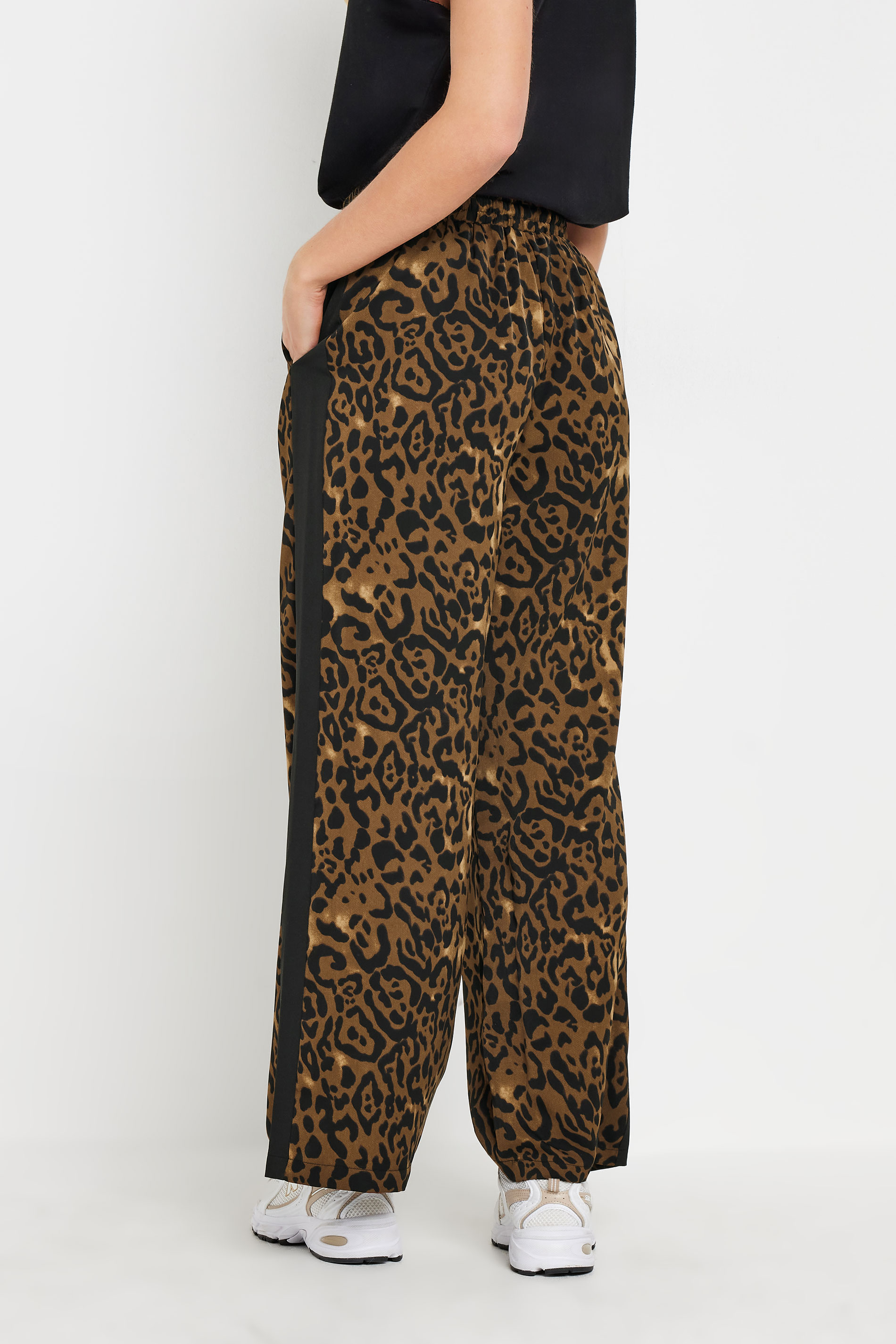 PixieGirl Petite Women's Brown Leopard Print Striped Wide Leg Trousers | PixieGirl 4