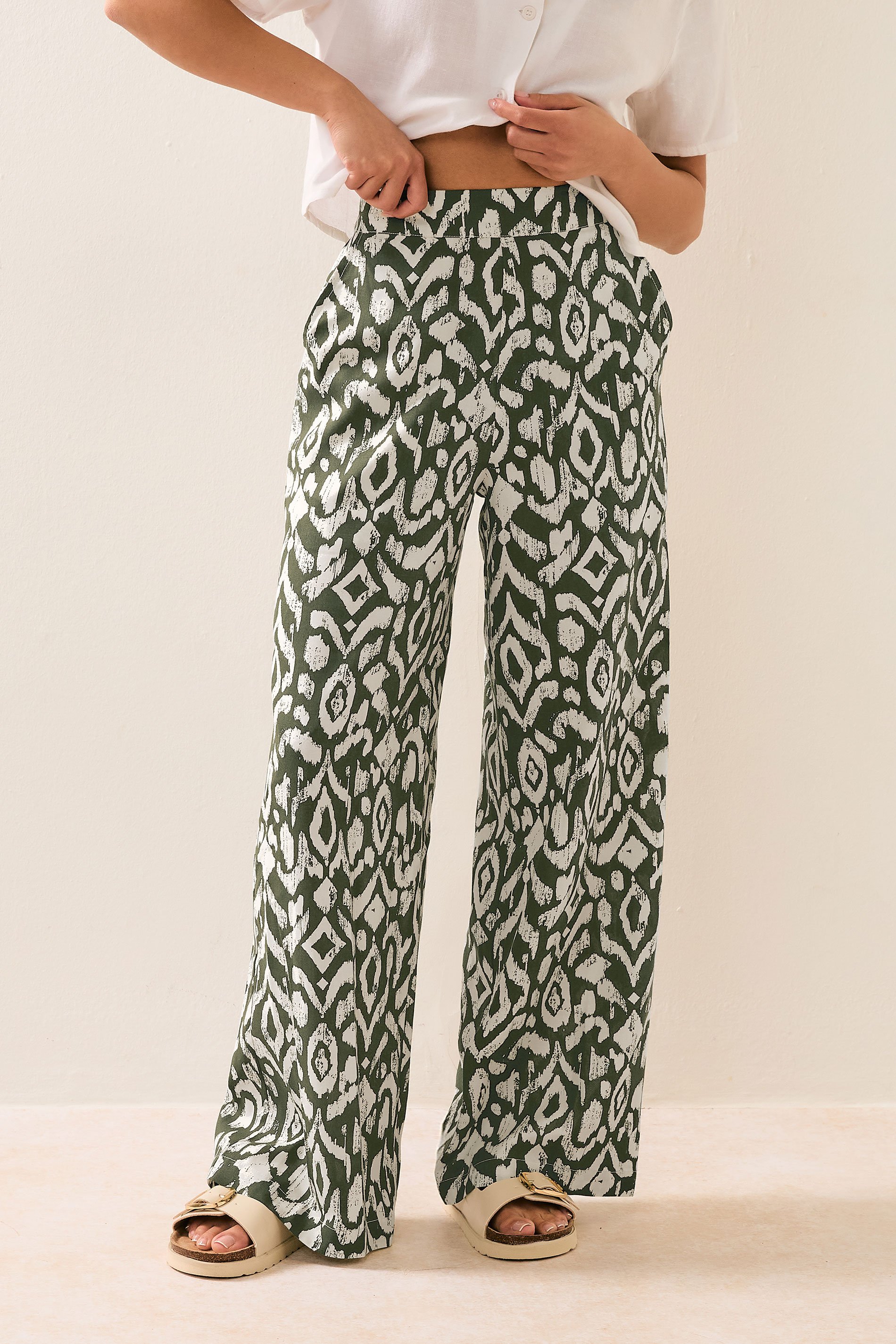 PixieGirl Petite Women's Khaki Green Abstract Print Wide Leg Trousers | PixieGirl 2