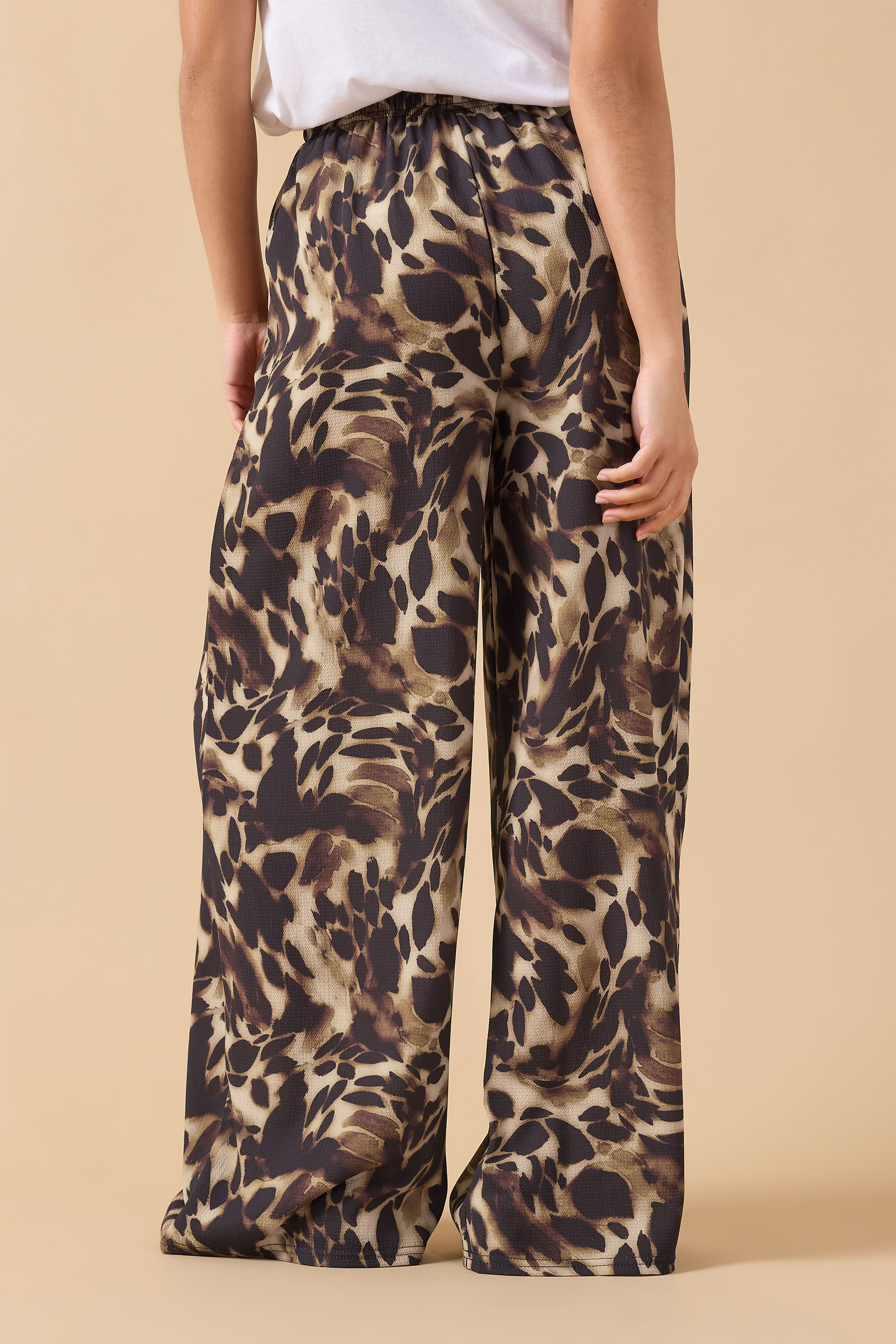 PixieGirl Petite Women's Brown Leopard Print Crepe Wide Leg Trousers | PixieGirl 3