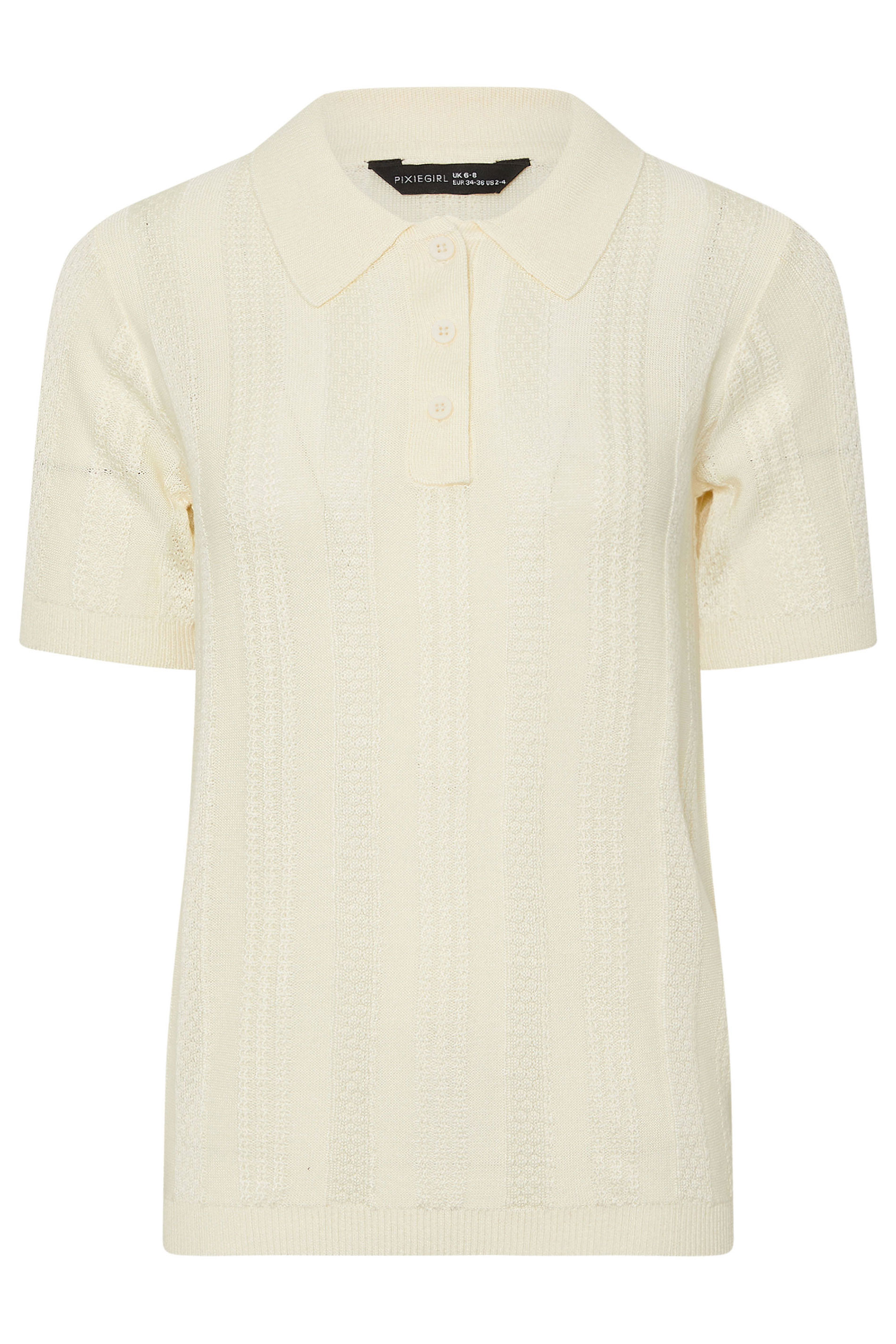 PixieGirl Petite Women's Ivory White Pointelle Knit Polo Top | PixieGirl 7