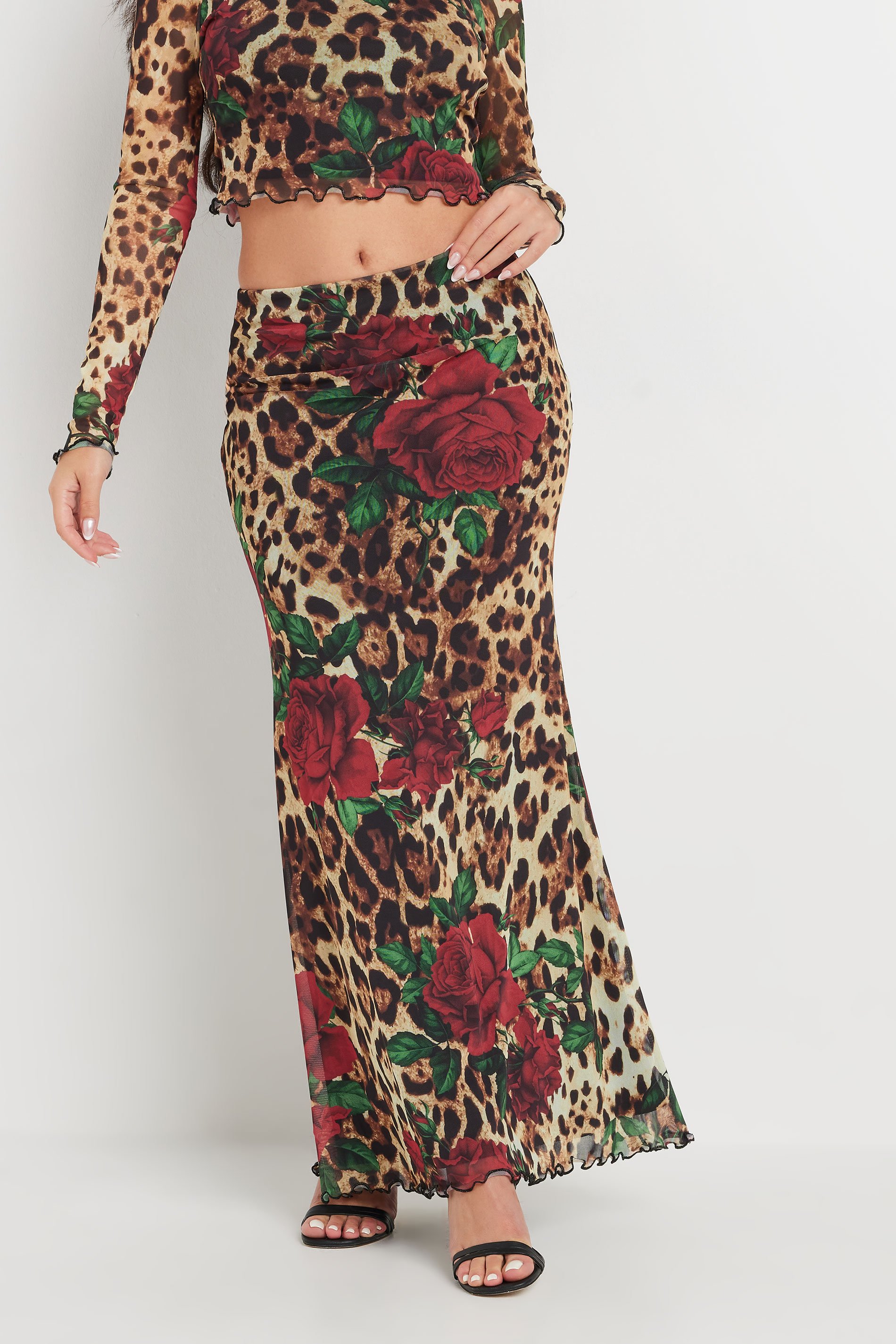 PixieGirl Petite Women's Beige Brown Leopard Print Rose Mesh Skirt | PixieGirl 2