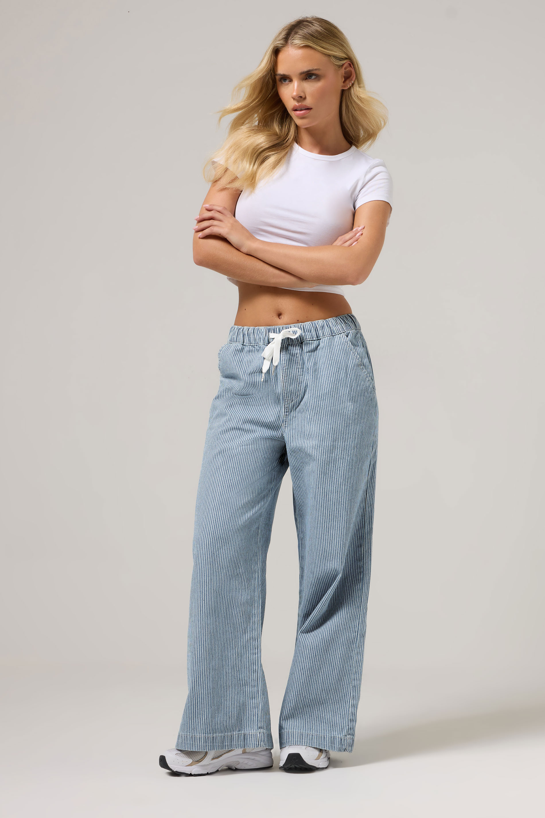 PixieGirl Petite Women's Blue Cotton Striped Wide Leg Jeans | PixieGirl 1