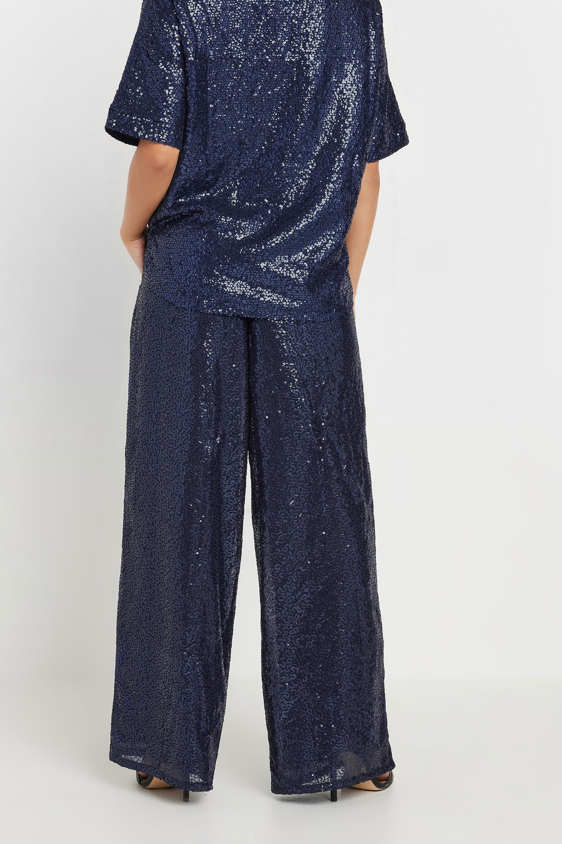 PixieGirl Petite Women's Navy Blue Sequin Embellished Wide Leg Trousers | PixieGirl 5