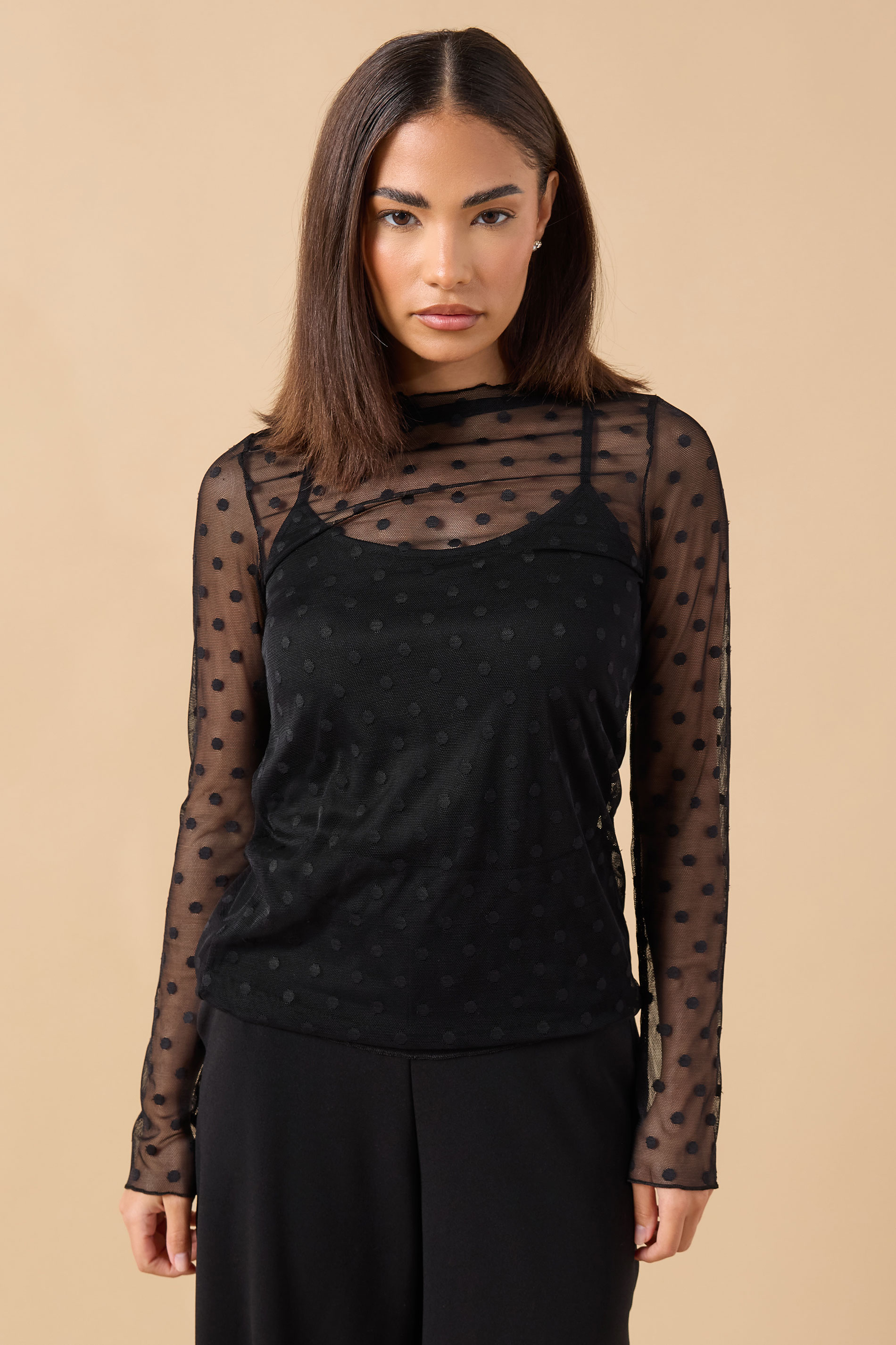 PixieGirl Petite Women's Black Spot Mesh Long Sleeve Top | PixieGirl 1
