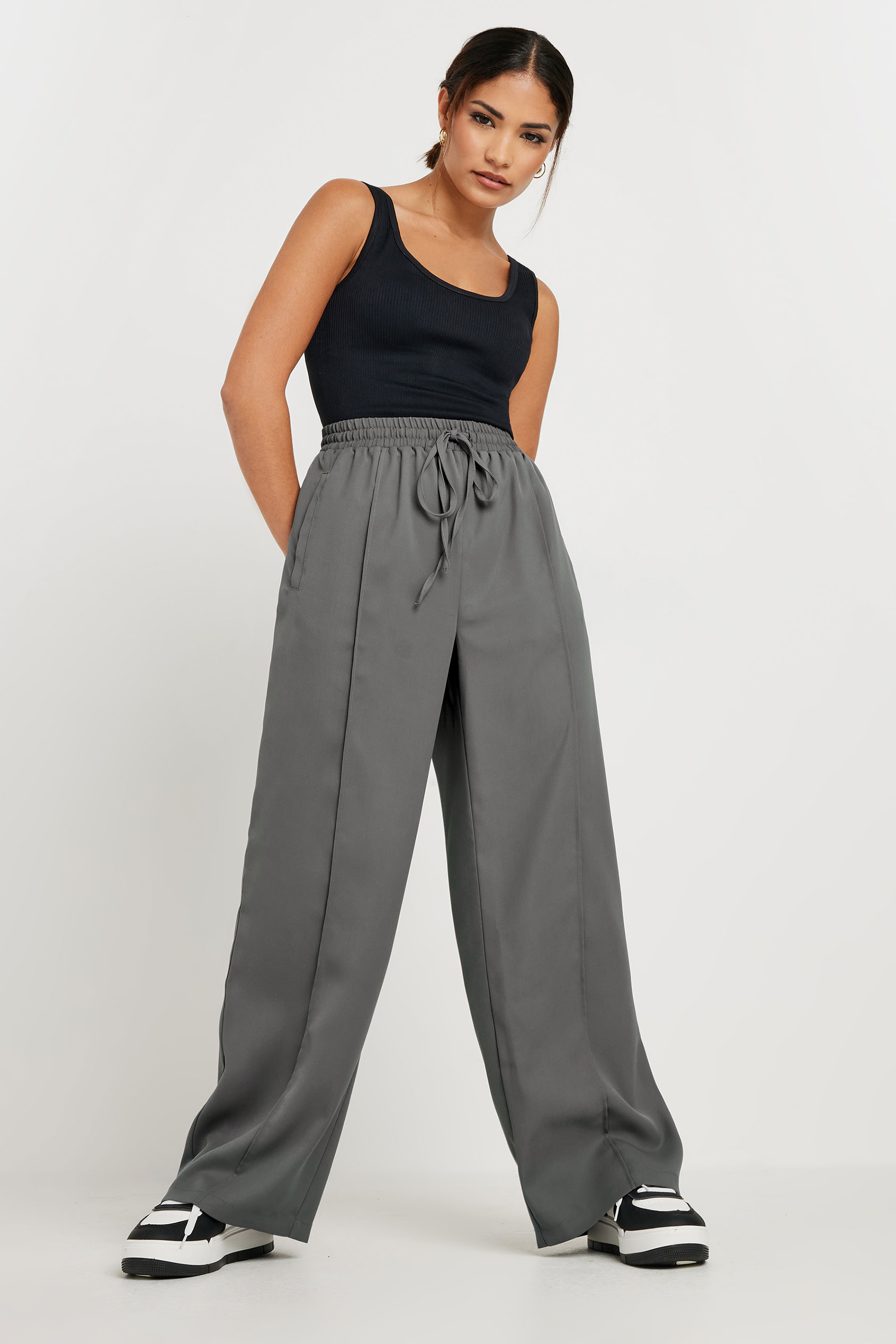 PixieGirl Petite Women's Grey Pintuck Tie Waist Wide Leg Trousers | PixieGirl 2
