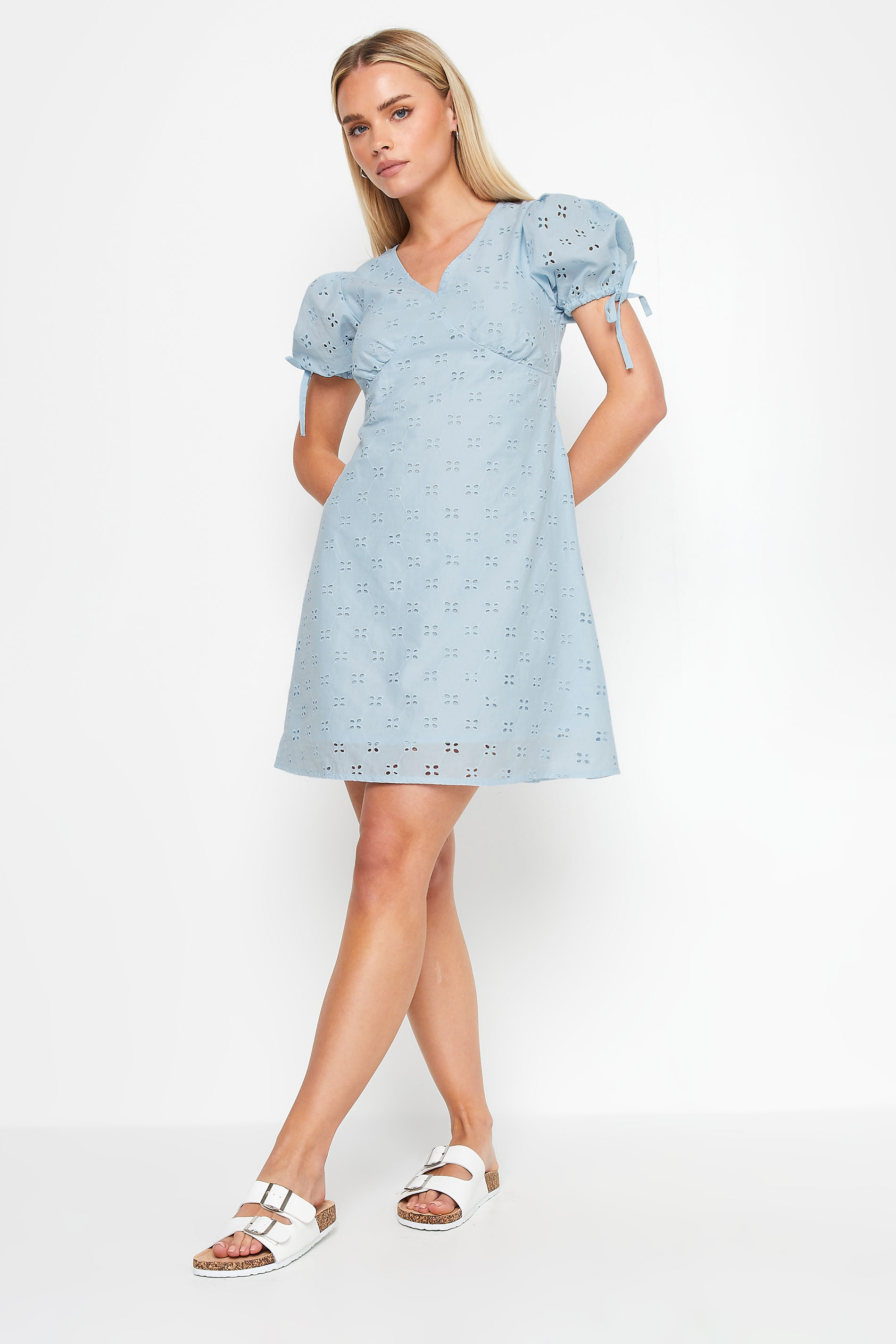 PixieGirl Petite Women's Blue Tie Sleeve Broderie Mini Dress | PixieGirl 1