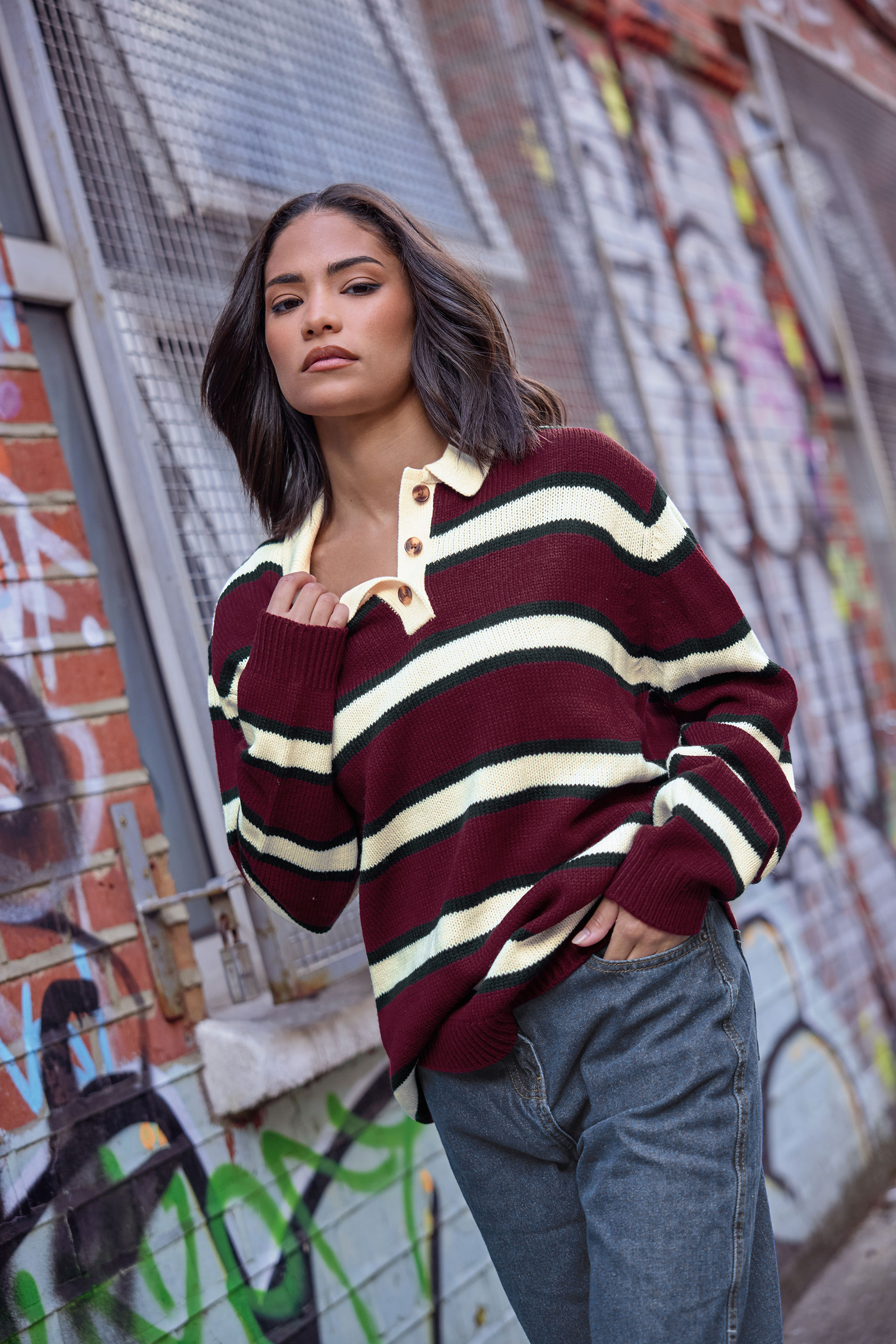 PixieGirl Petite Women's Burgundy Red Stripe Rugby Jumper | PixieGirl 1