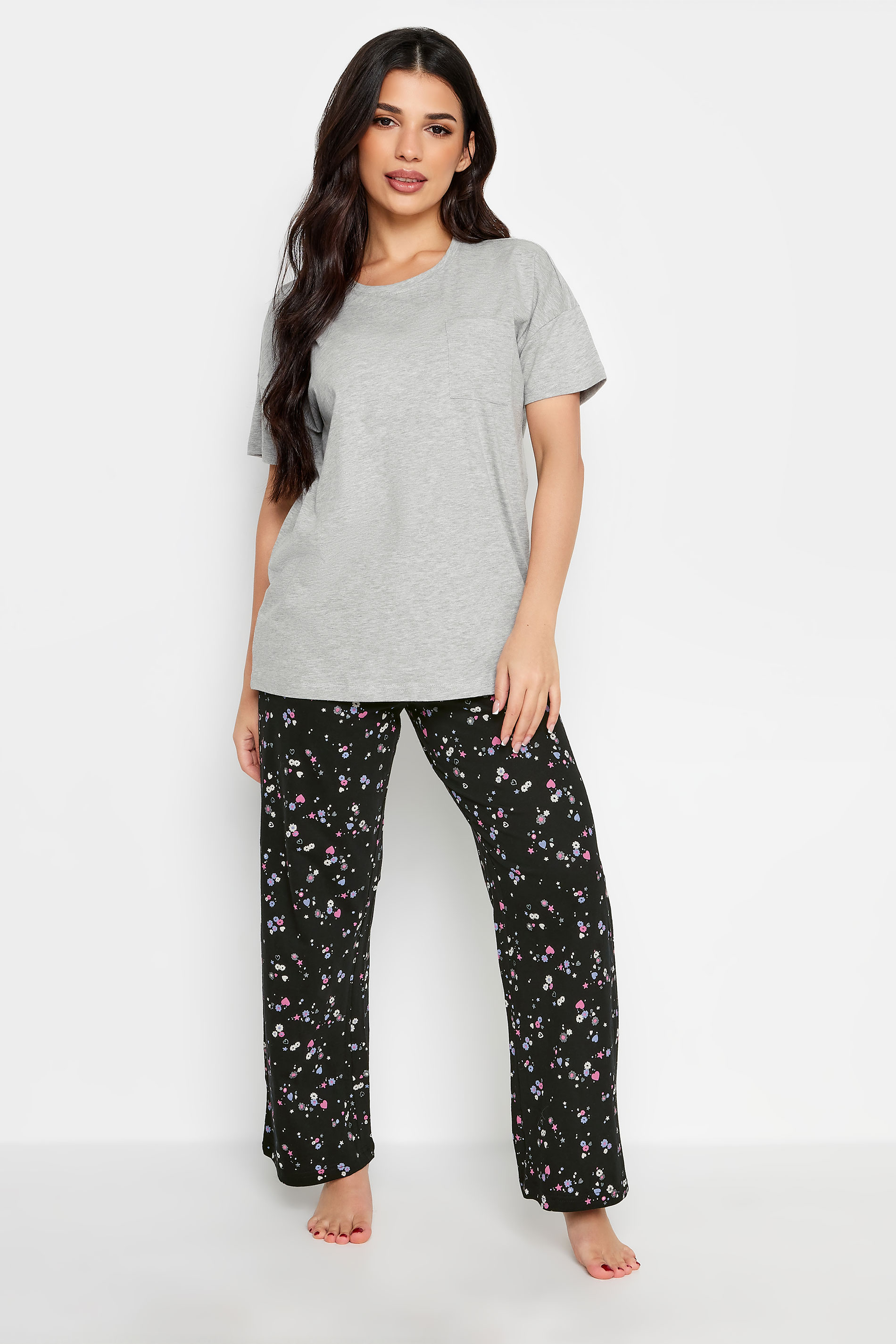 PixieGirl Petite Womens Grey Ditsy Floral Print Wide Leg Pyjama Set | PixieGirl 2