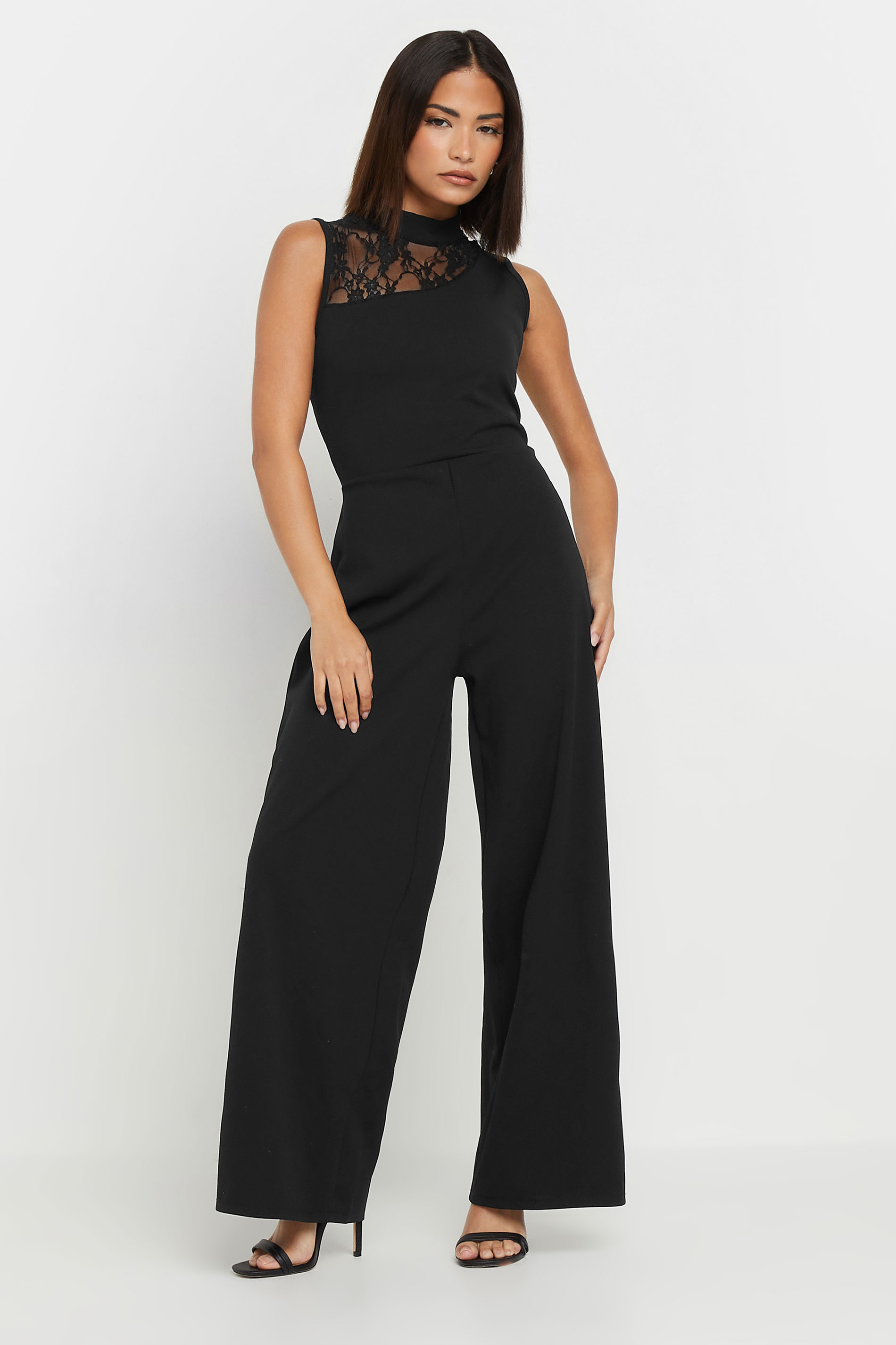 PixieGirl Petite Women's Black Lace Detail Wide Leg Jumpsuit | PixieGirl 2