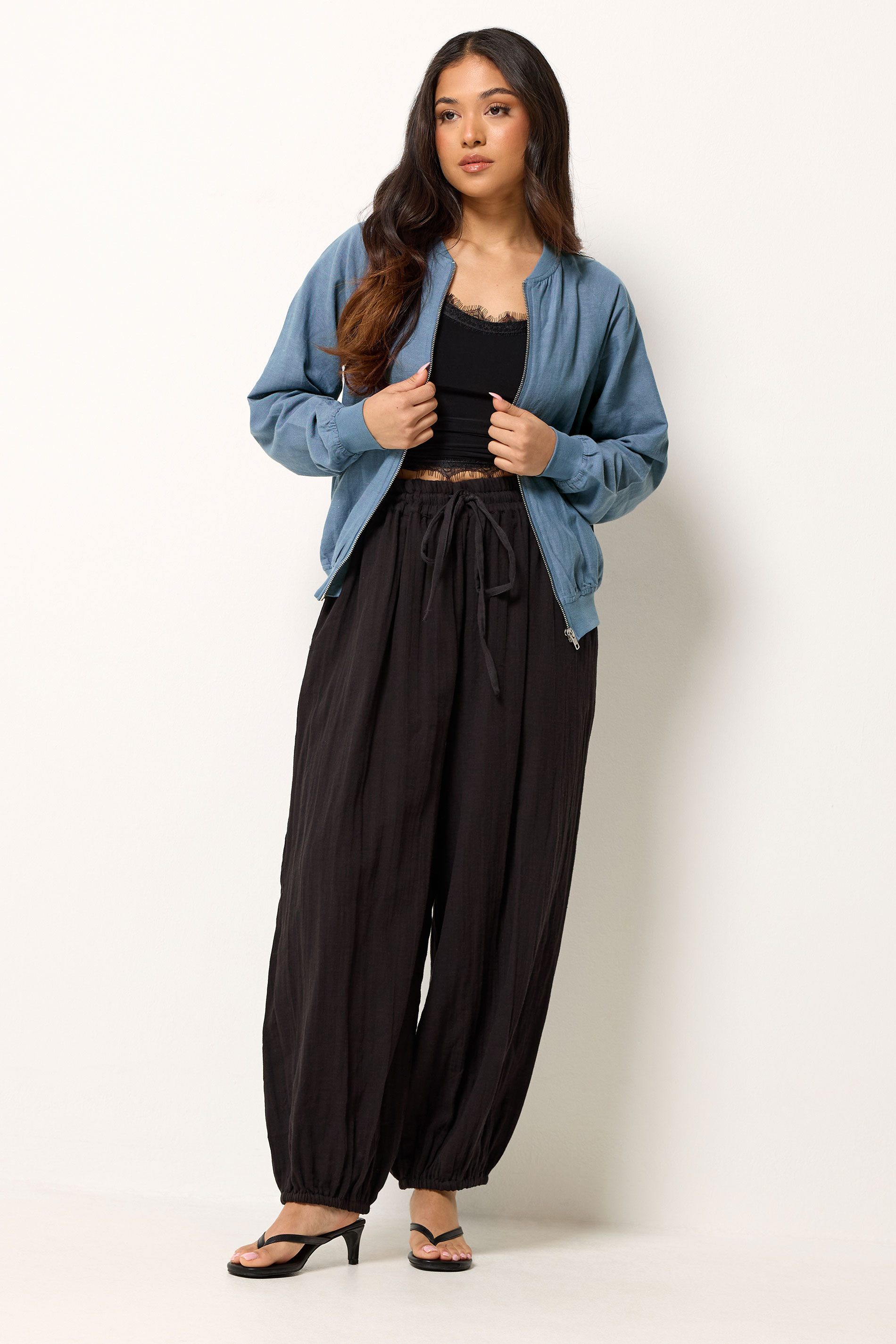 PixieGirl Petite Women's Blue Linen Bomber Jacket | PixieGirl 1
