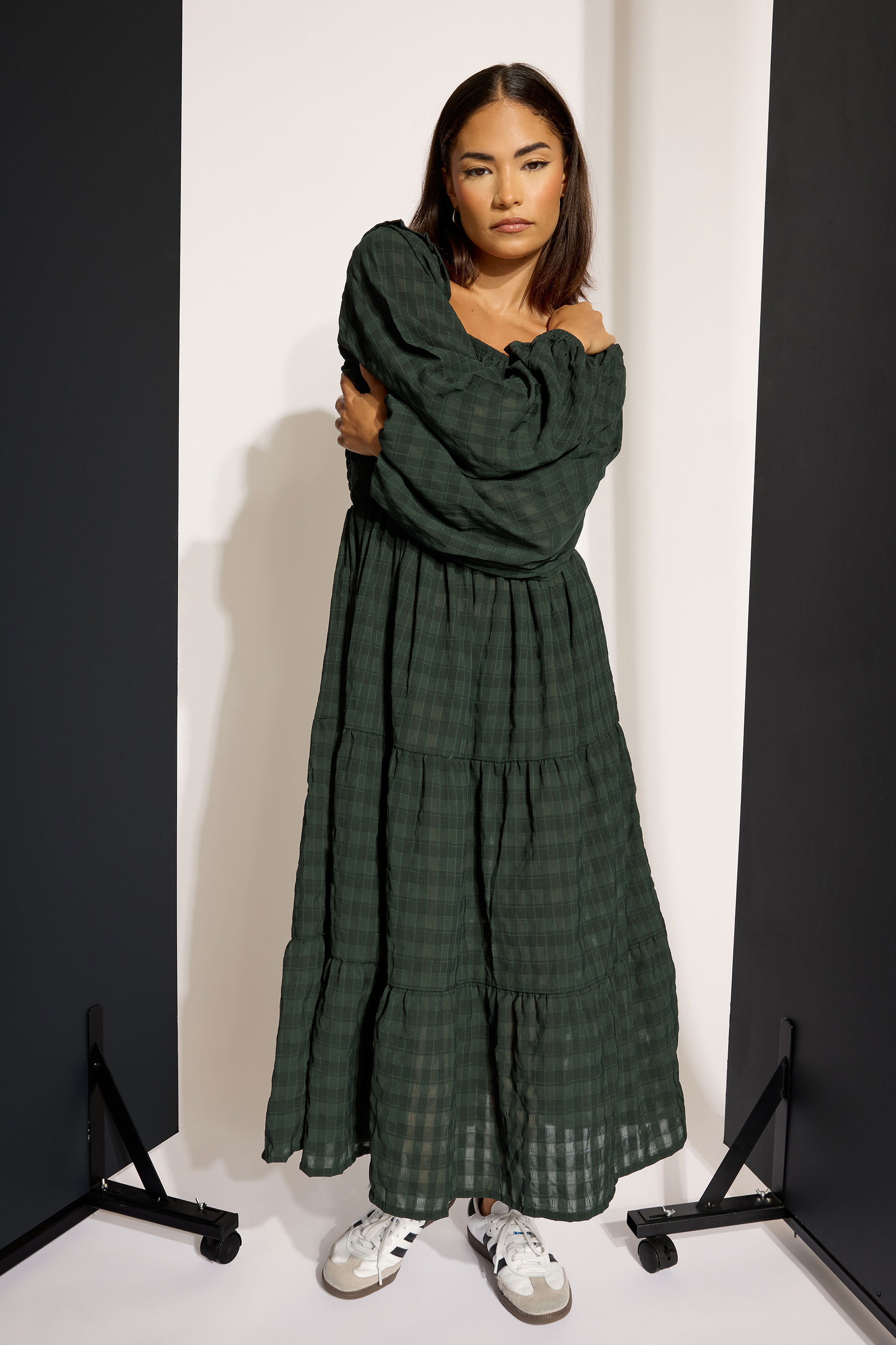 PixieGirl Petite Women's Green Crinkle Check Tiered Dress | PixieGirl 1